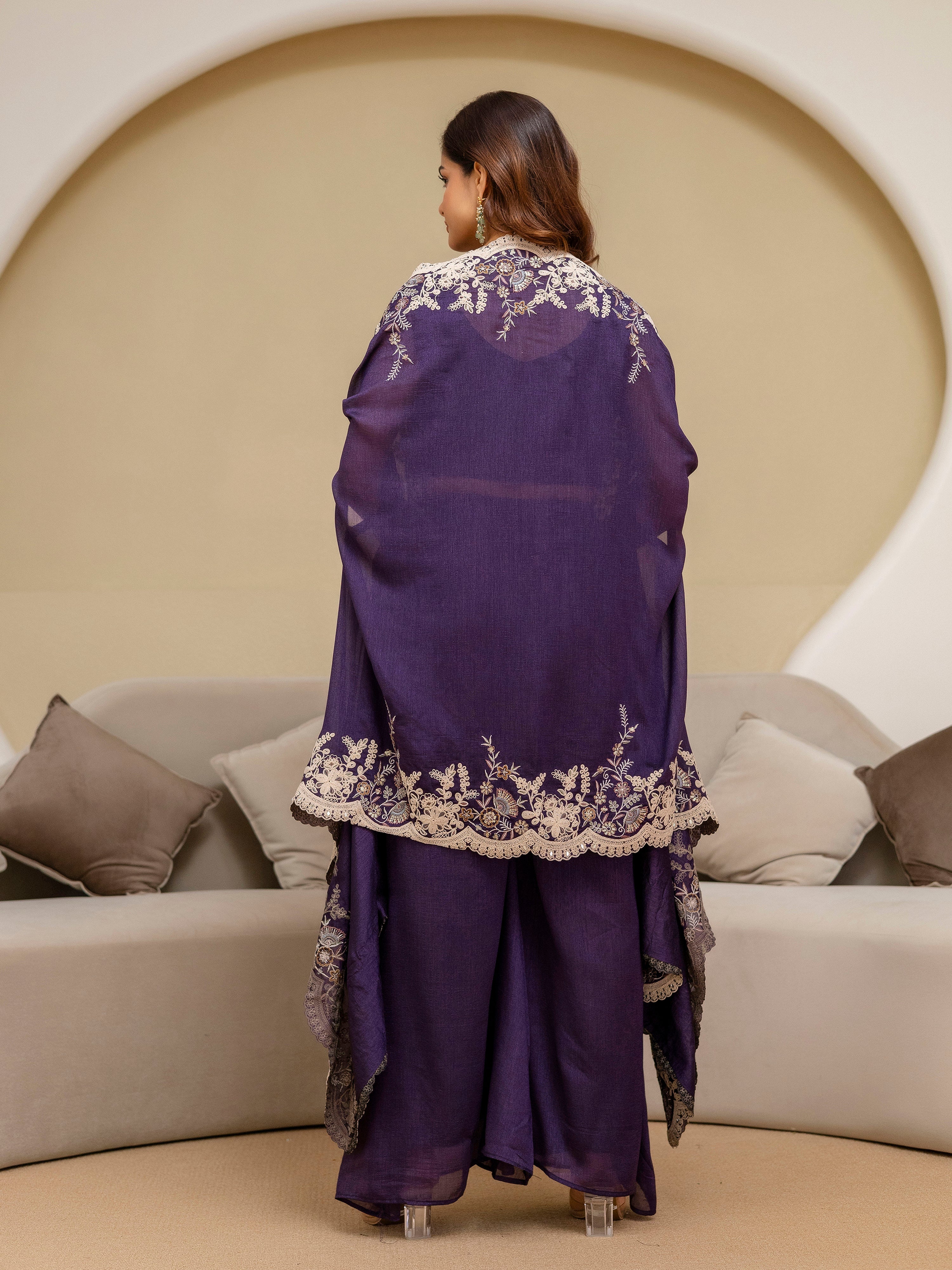 Purple Art Silk Embroidery Mirror Work Crop Top with Flared Palazzo and Shrug Set Ethnic Salwar Set Trendmalls
