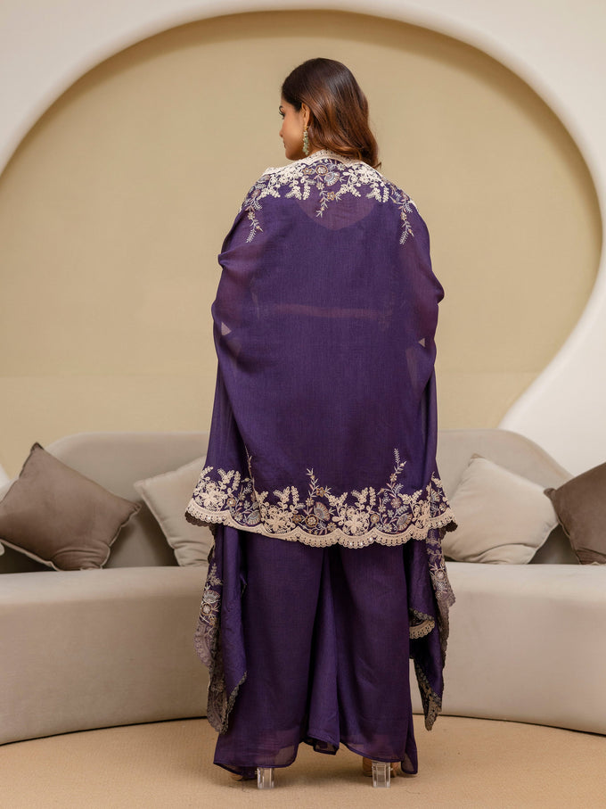 Purple Art Silk Embroidery Mirror Work Crop Top with Flared Palazzo and Shrug Set Ethnic Salwar Set Trendmalls