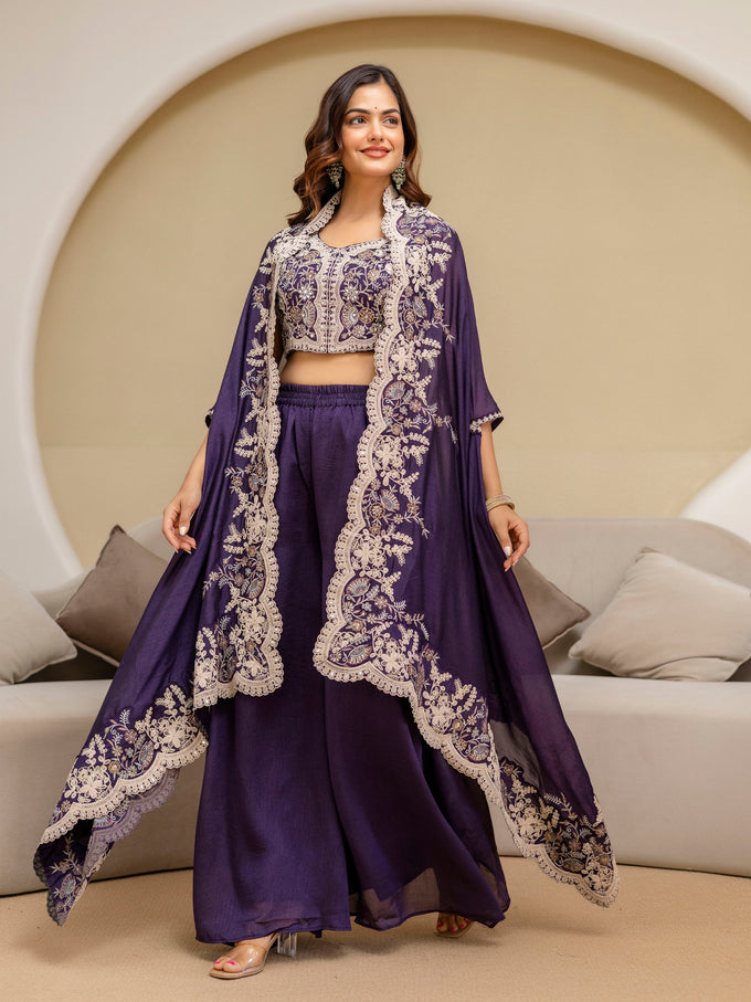 Purple Art Silk Embroidery Mirror Work Crop Top with Flared Palazzo and Shrug Set Ethnic Salwar Set Trendmalls