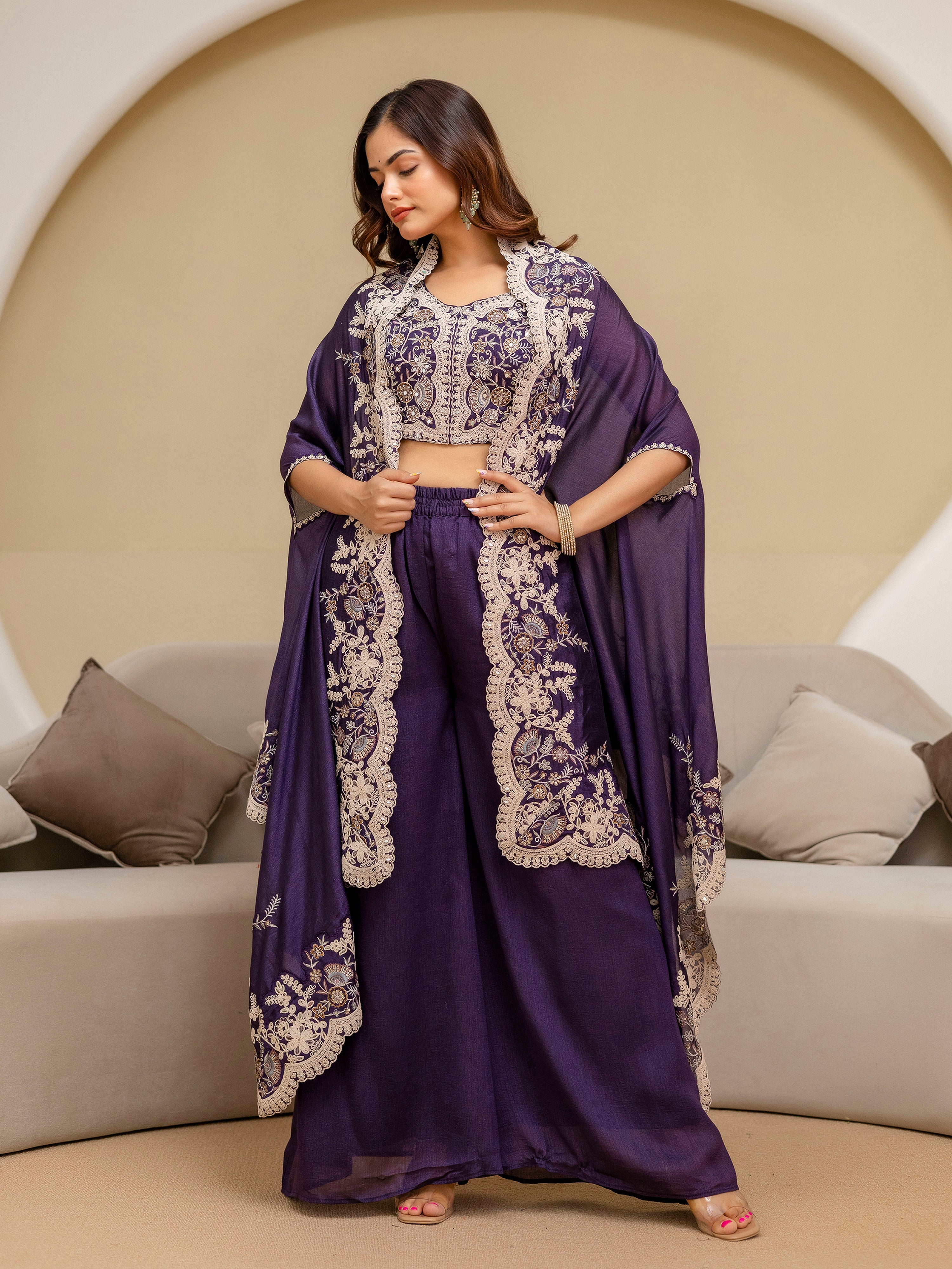 Purple Art Silk Embroidery Mirror Work Crop Top with Flared Palazzo and Shrug Set Ethnic Salwar Set Trendmalls