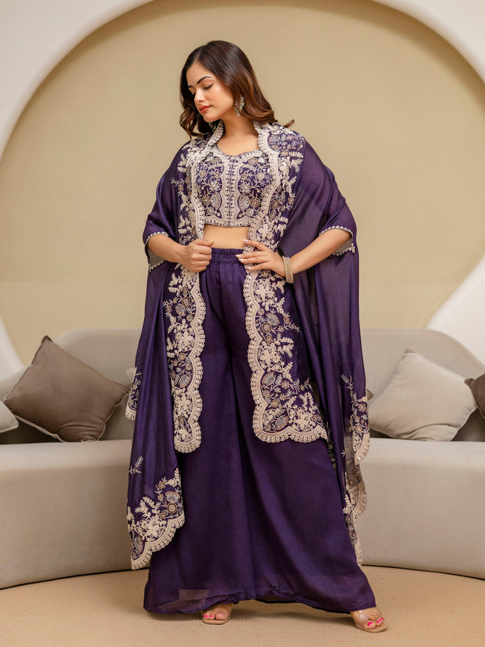 Purple Art Silk Embroidery Mirror Work Crop Top with Flared Palazzo and Shrug Set Ethnic Salwar Set Trendmalls