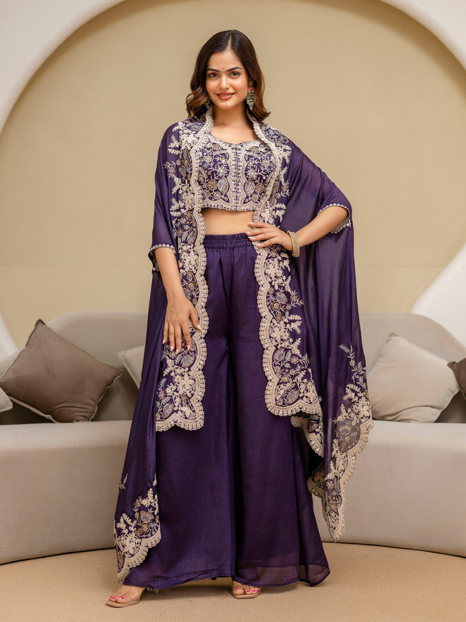 Purple Art Silk Embroidery Mirror Work Crop Top with Flared Palazzo and Shrug Set Ethnic Salwar Set Trendmalls