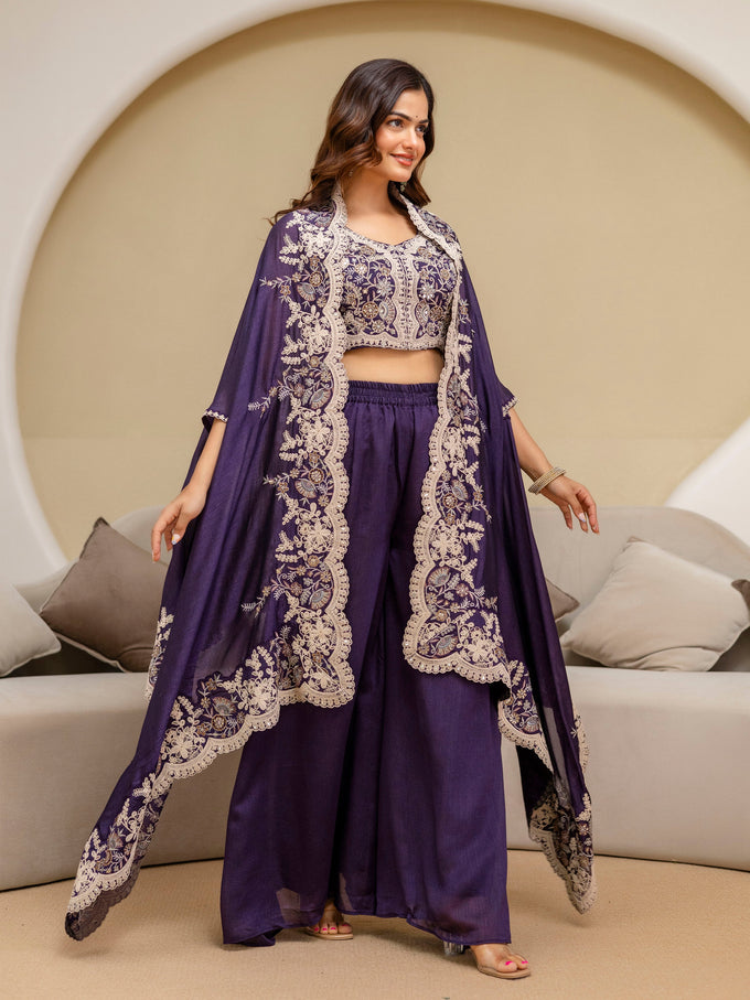 Purple Art Silk Embroidery Mirror Work Crop Top with Flared Palazzo and Shrug Set Ethnic Salwar Set Trendmalls