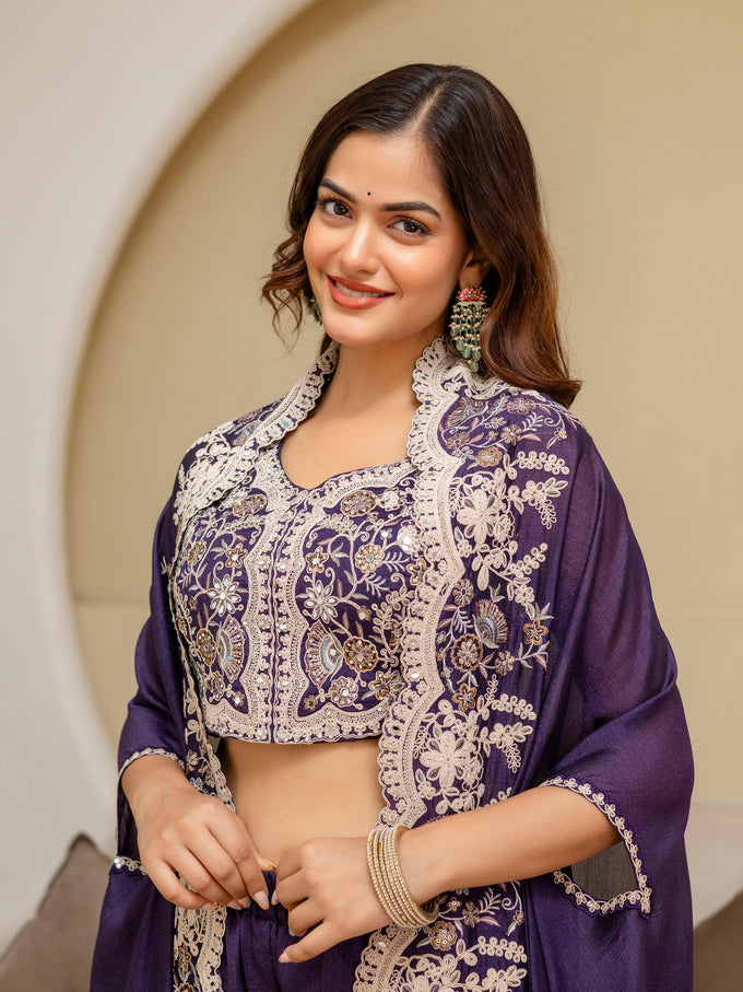Purple Art Silk Embroidery Mirror Work Crop Top with Flared Palazzo and Shrug Set Ethnic Salwar Set Trendmalls