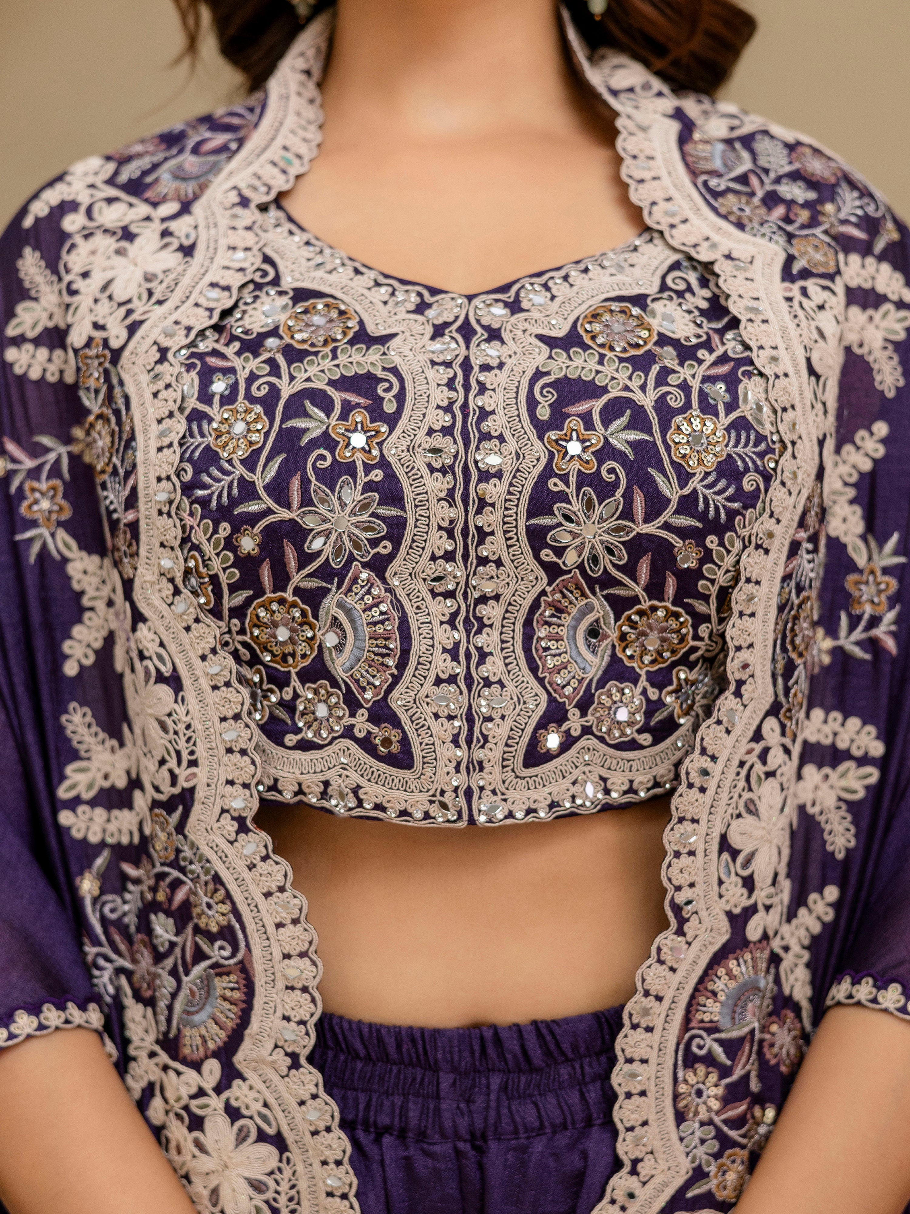 Purple Art Silk Embroidery Mirror Work Crop Top with Flared Palazzo and Shrug Set Ethnic Salwar Set Trendmalls
