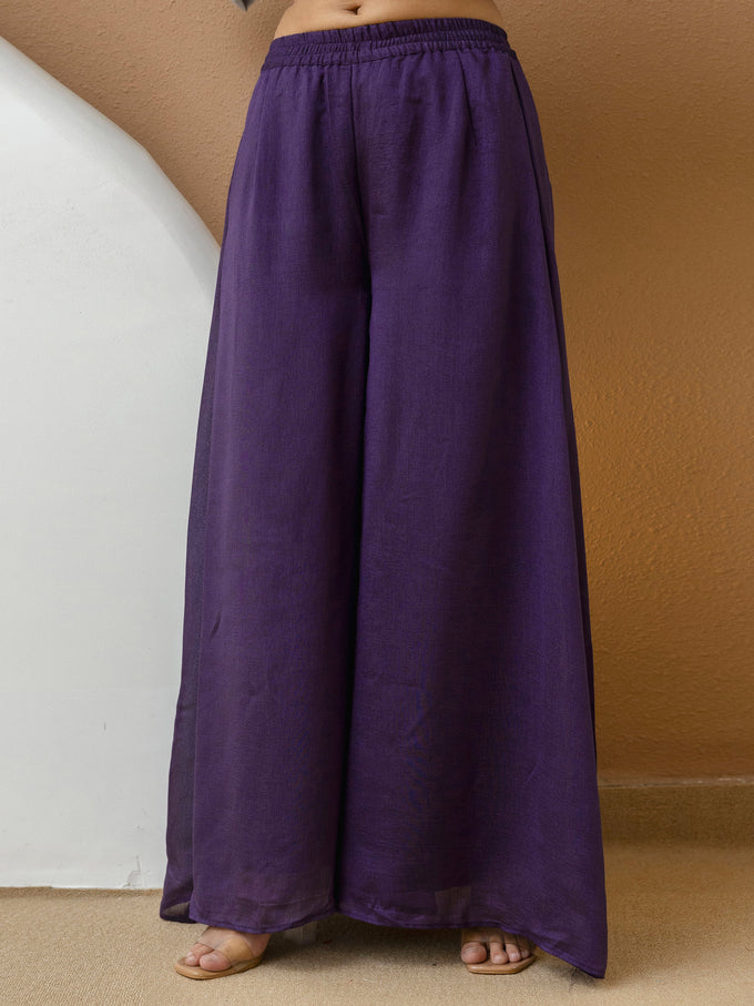 Purple Art Silk Embroidery Mirror Work Crop Top with Flared Palazzo and Shrug Set Ethnic Salwar Set Trendmalls
