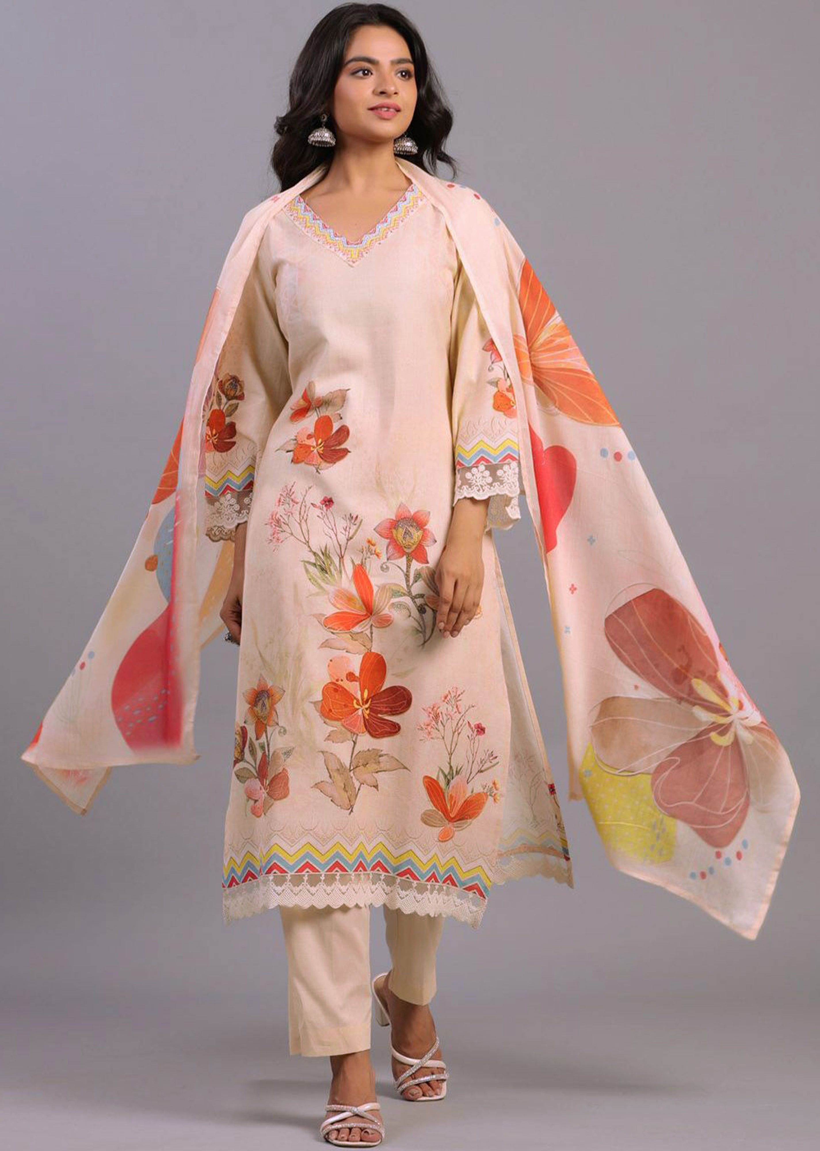 Peach Satin Digital Print A line Salwar Suit with Dupatta Set For Women's Trendmallsin