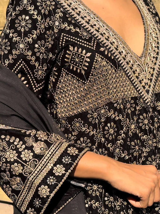 Black Georgette Embroidery sequence Work Anarkali Kurta Pant With Dupatta For Women