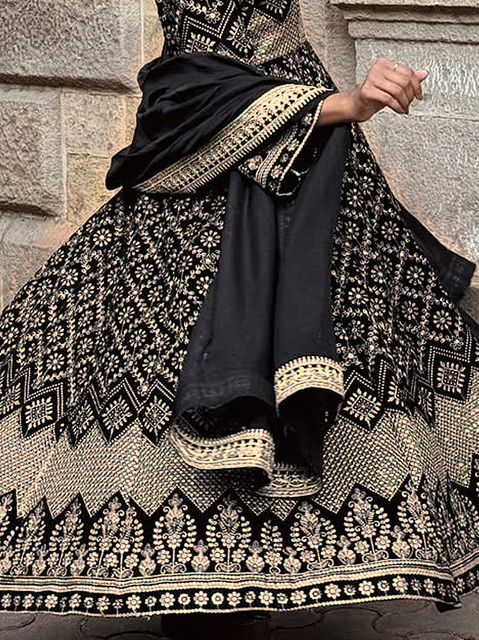 Black Georgette Embroidery sequence Work Anarkali Kurta Pant With Dupatta For Women