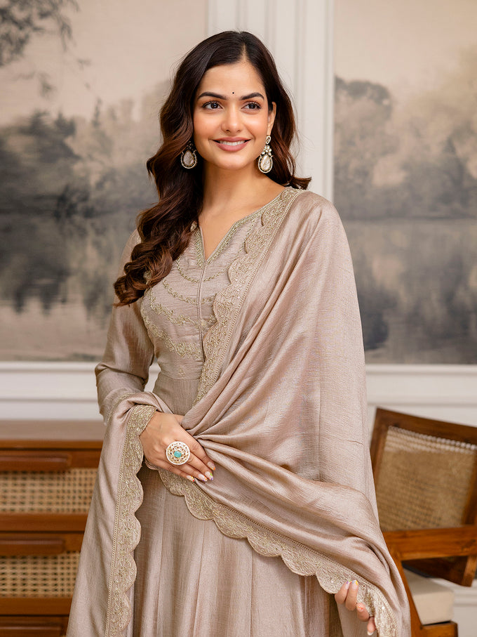 Beige Art Silk Embroidery sequence Work Anarkali Kurta Pant With Dupatta For Women