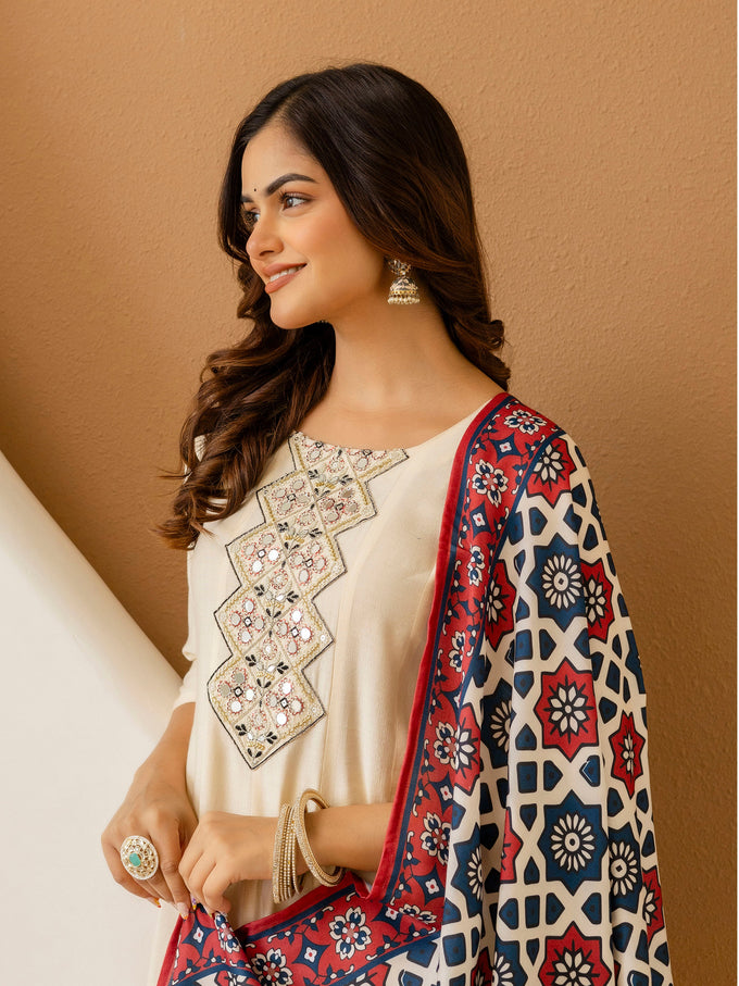 Beige Art Silk Hand Work Embroidery Anarkali Kurta Pant with Printed Dupatta Set Trendmalls