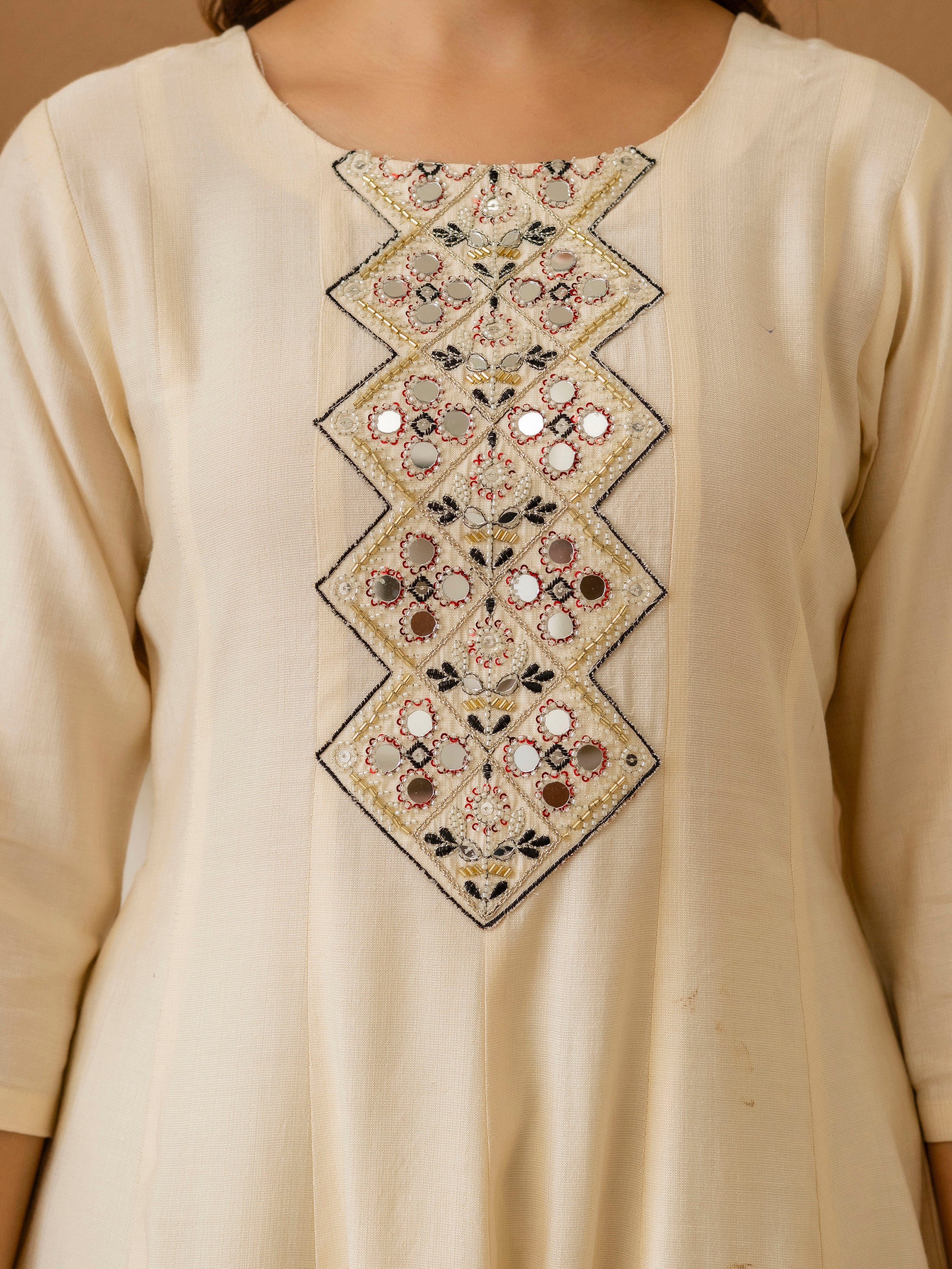 Beige Art Silk Hand Work Embroidery Anarkali Kurta Pant with Printed Dupatta Set Trendmalls
