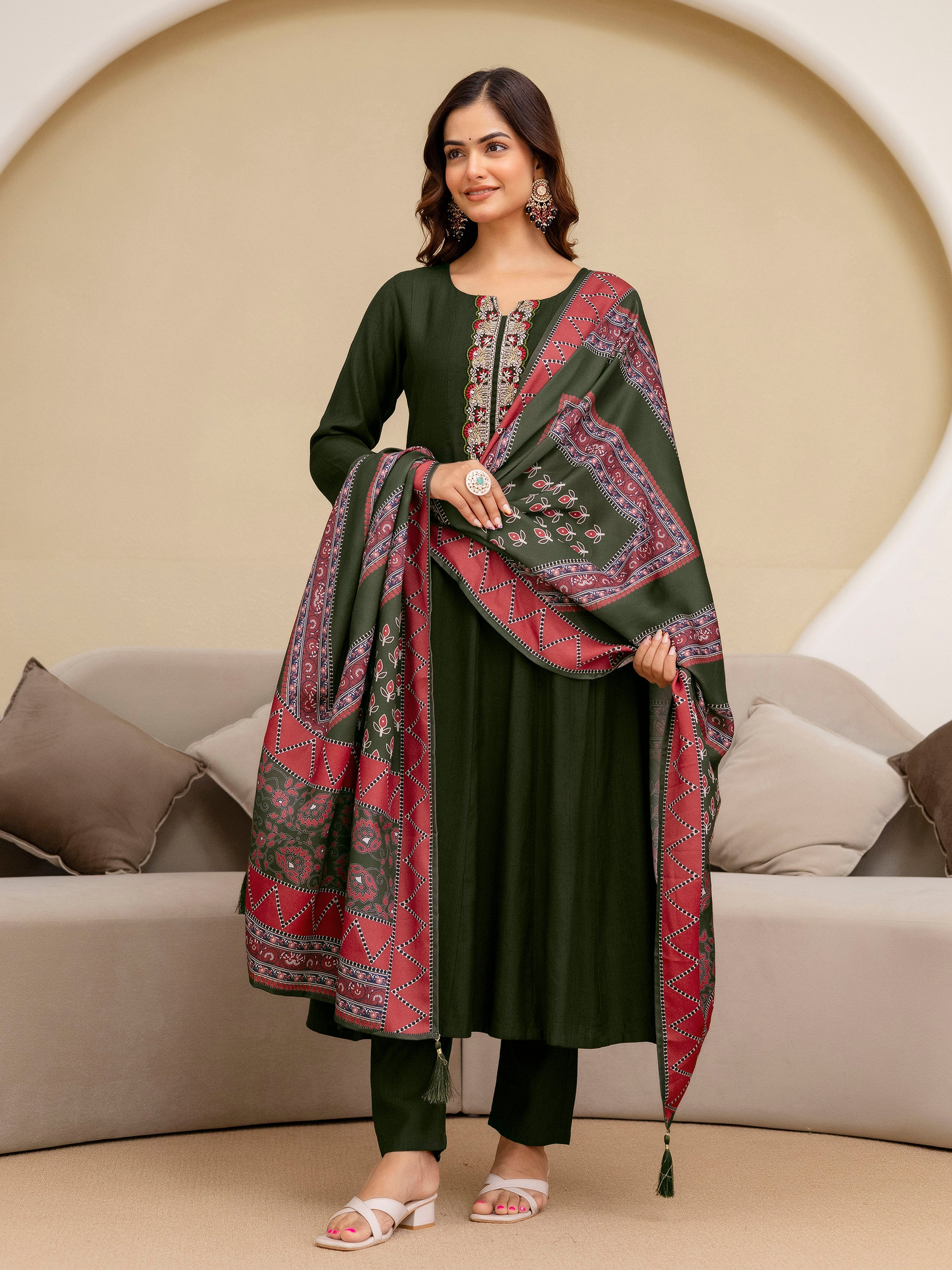 Mahndi Art Silk Embroidery Sequence Work Kurta Pant Set with Dupatta for Women Trendmalls