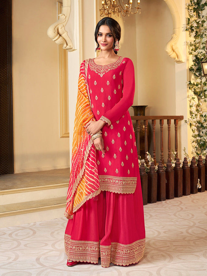 Pink Art Silk Embroidery Sequence Work Kurta Palazzo Dupatta For Women