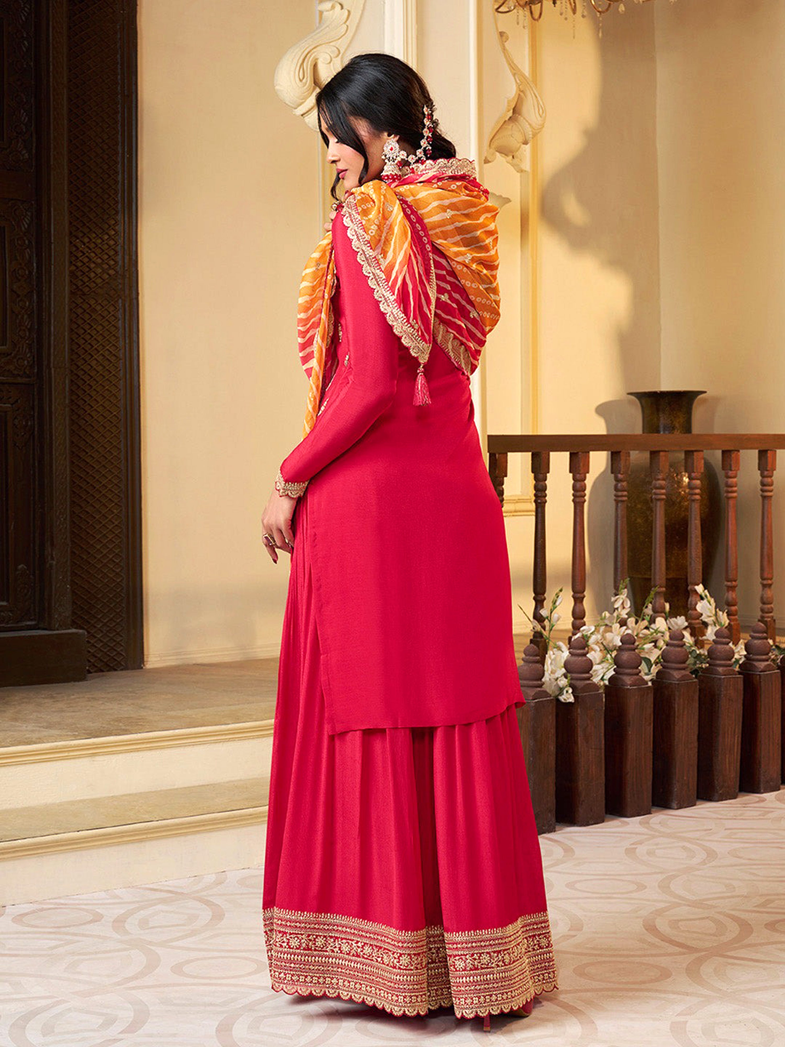 Pink Art Silk Embroidery Sequence Work Kurta Palazzo Dupatta For Women