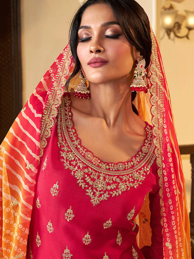 Pink Art Silk Embroidery Sequence Work Kurta Palazzo Dupatta For Women