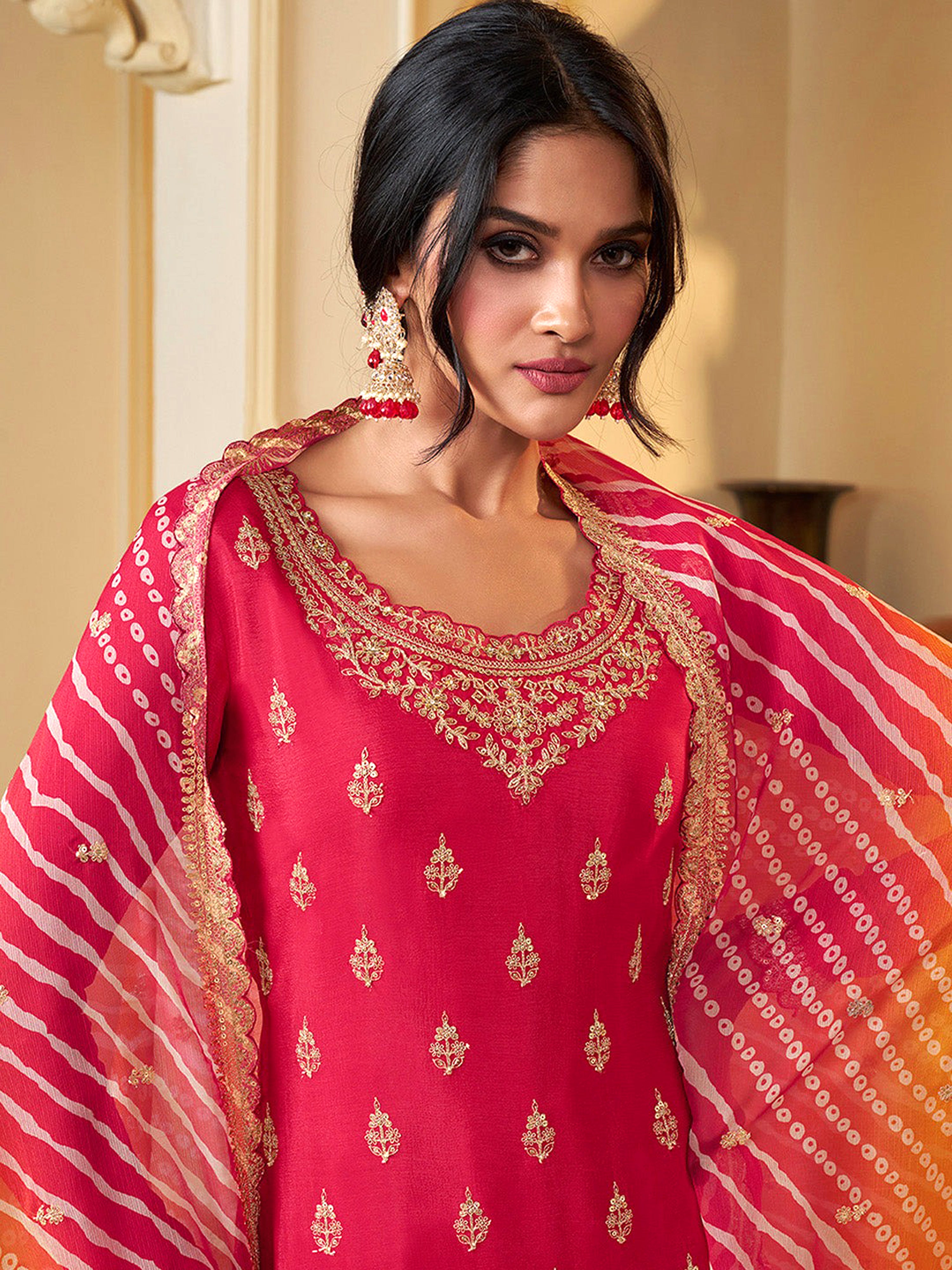 Pink Art Silk Embroidery Sequence Work Kurta Palazzo Dupatta For Women