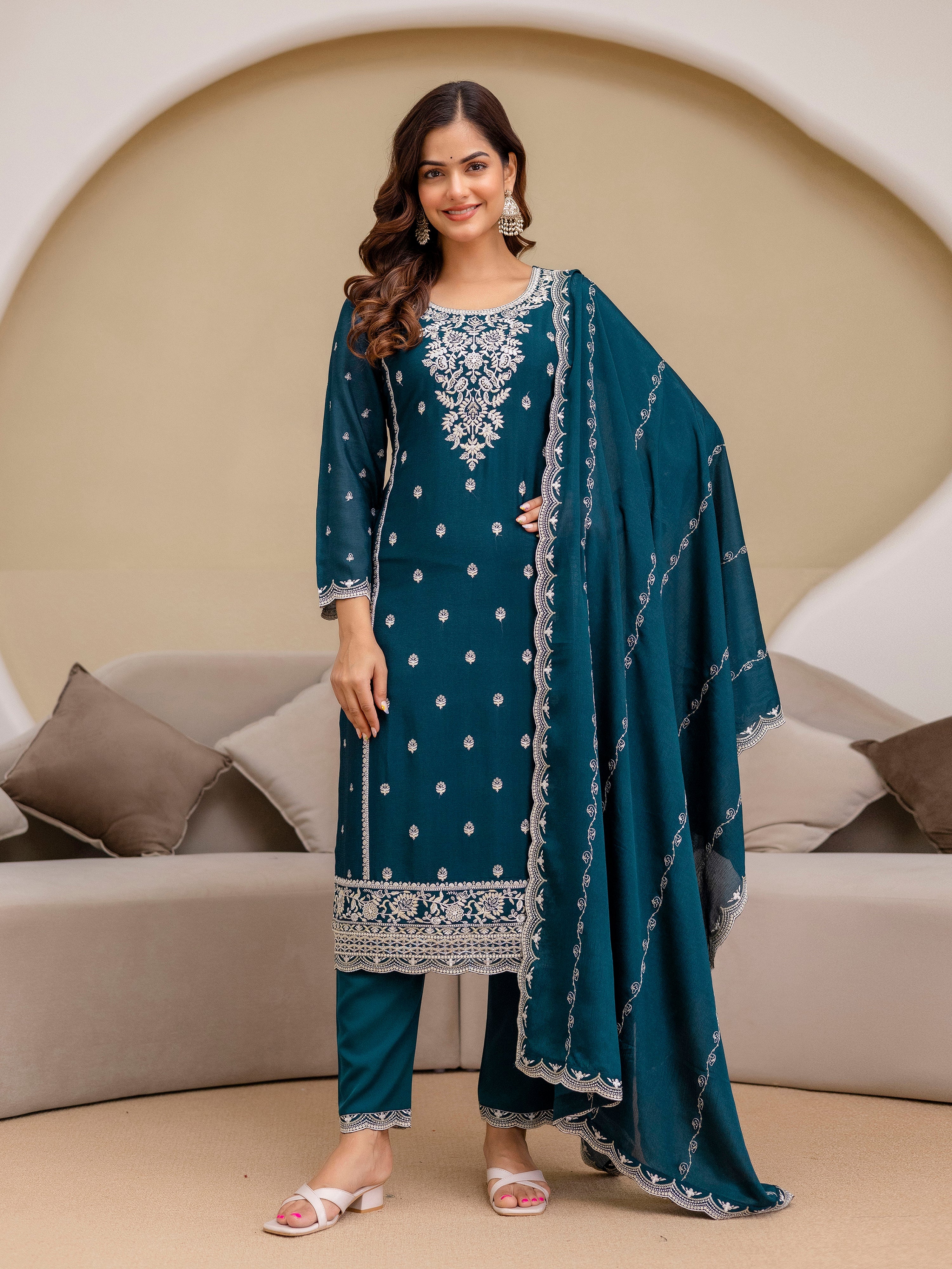 Teal Blue Art Silk Embroidery With Sequence Work Salwar Suit  with Dupatta For Women Trendmalls