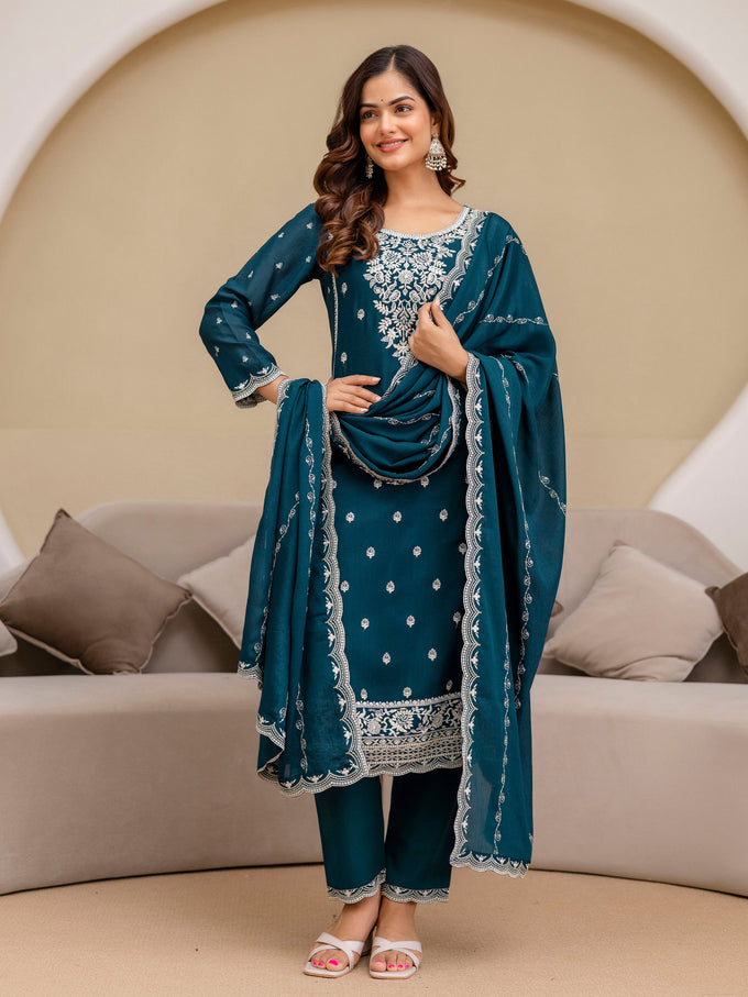 Teal Blue Art Silk Embroidery With Sequence Work Salwar Suit  with Dupatta For Women Trendmalls