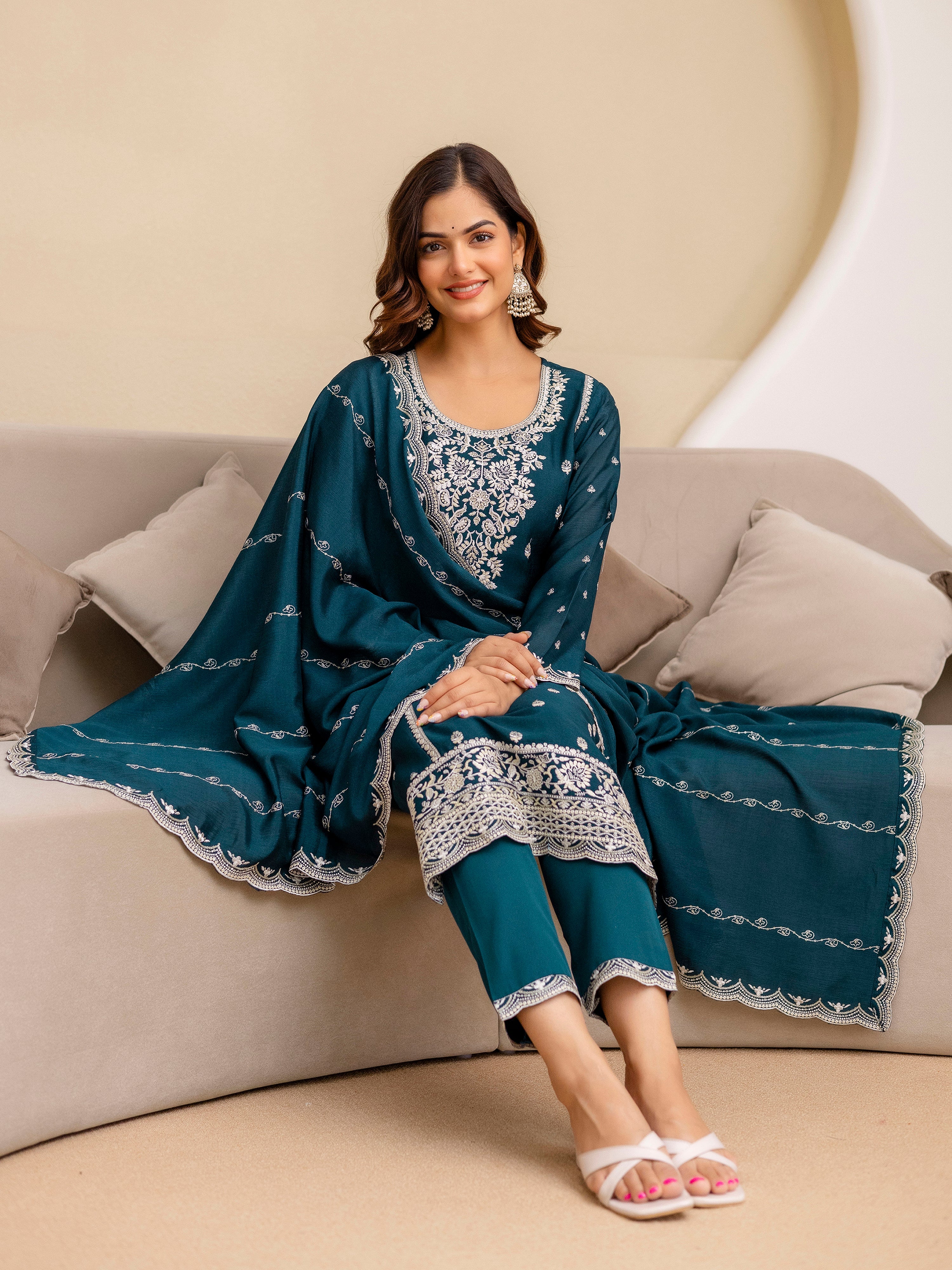 Teal Blue Art Silk Embroidery With Sequence Work Salwar Suit  with Dupatta For Women Trendmalls
