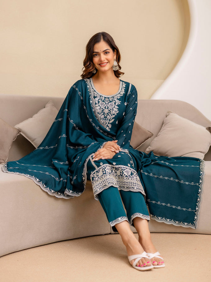 Teal Blue Art Silk Embroidery With Sequence Work Salwar Suit  with Dupatta For Women Trendmalls