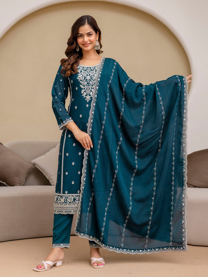 Teal Blue Art Silk Embroidery With Sequence Work Salwar Suit  with Dupatta For Women Trendmalls