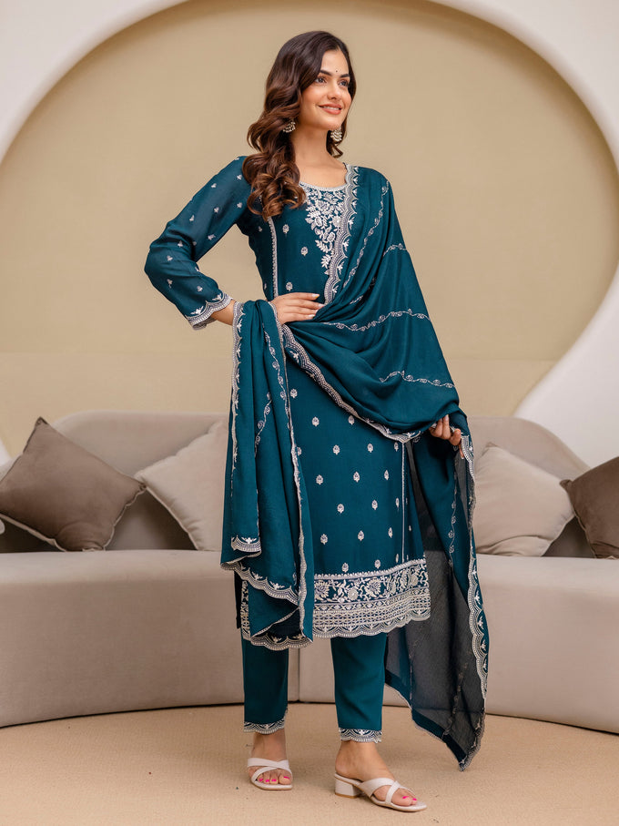 Teal Blue Art Silk Embroidery With Sequence Work Salwar Suit  with Dupatta For Women Trendmalls