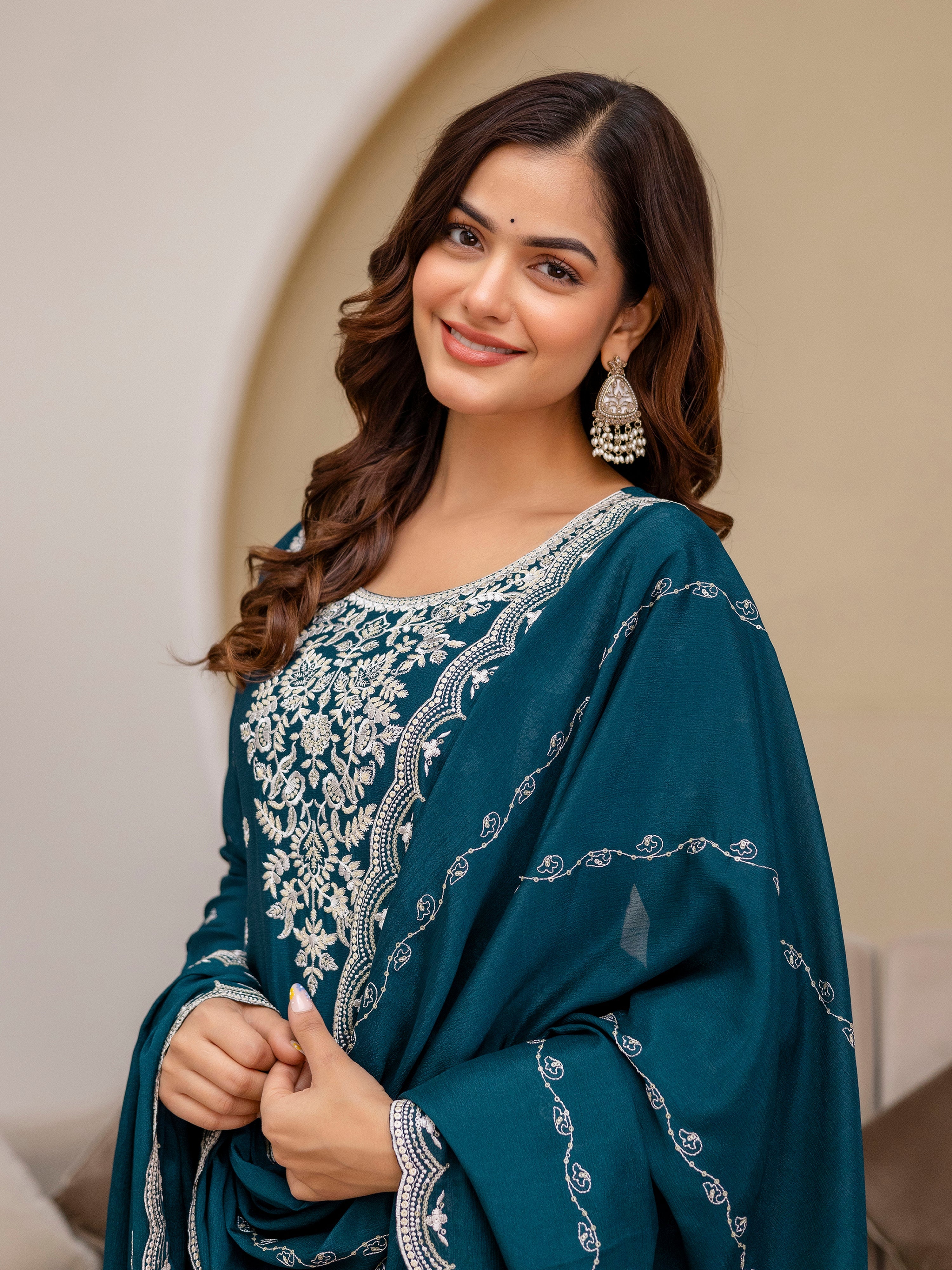 Teal Blue Art Silk Embroidery With Sequence Work Salwar Suit  with Dupatta For Women Trendmalls