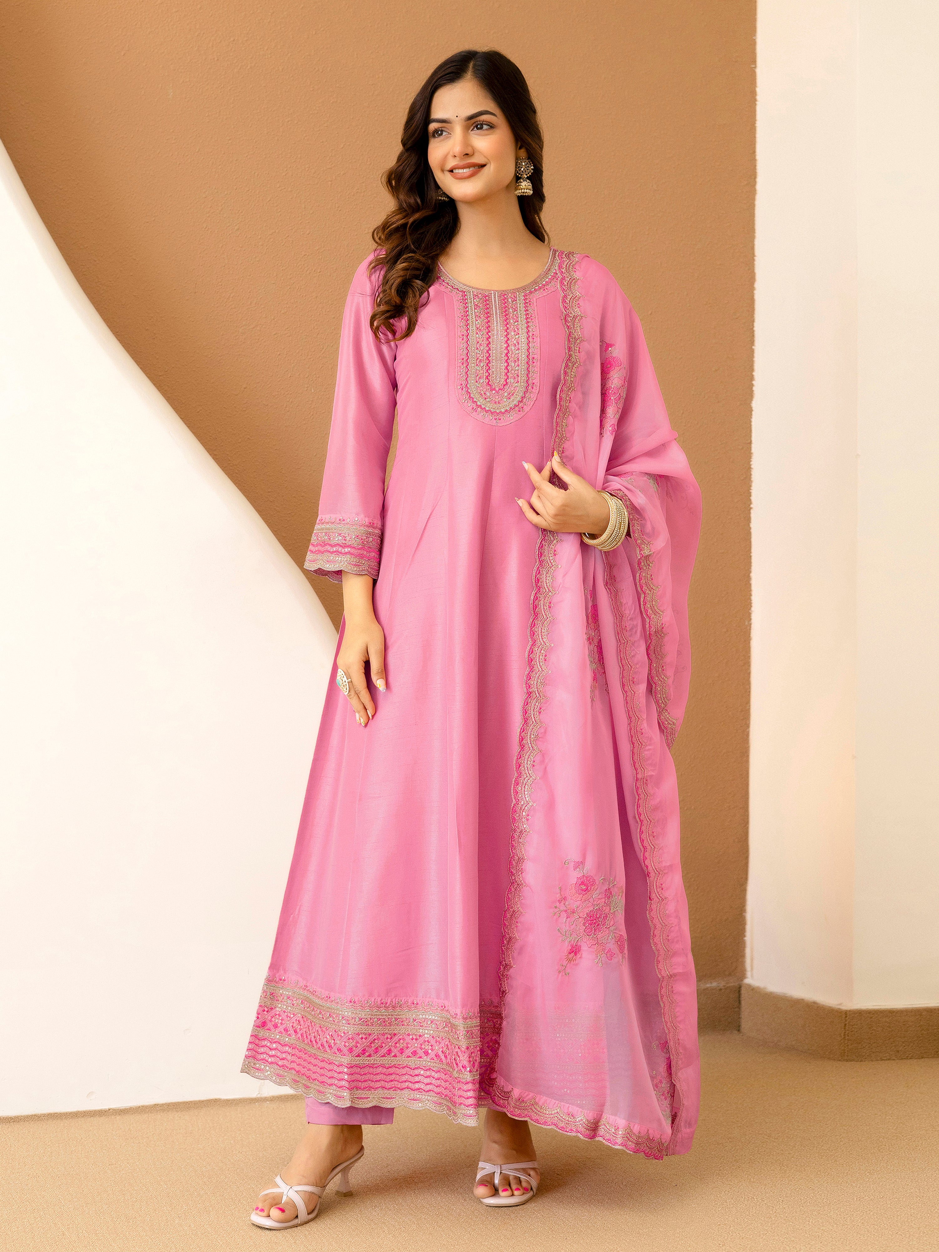 Pink Art Silk Embroidery Work Salwar suit with Dupatta For Women