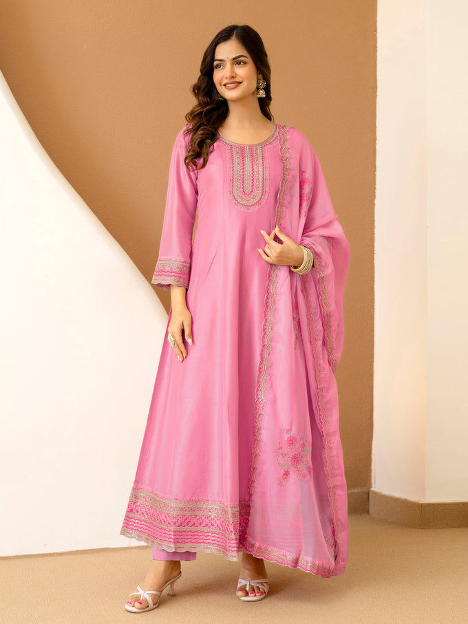 Pink Art Silk Embroidery Work Salwar suit with Dupatta For Women