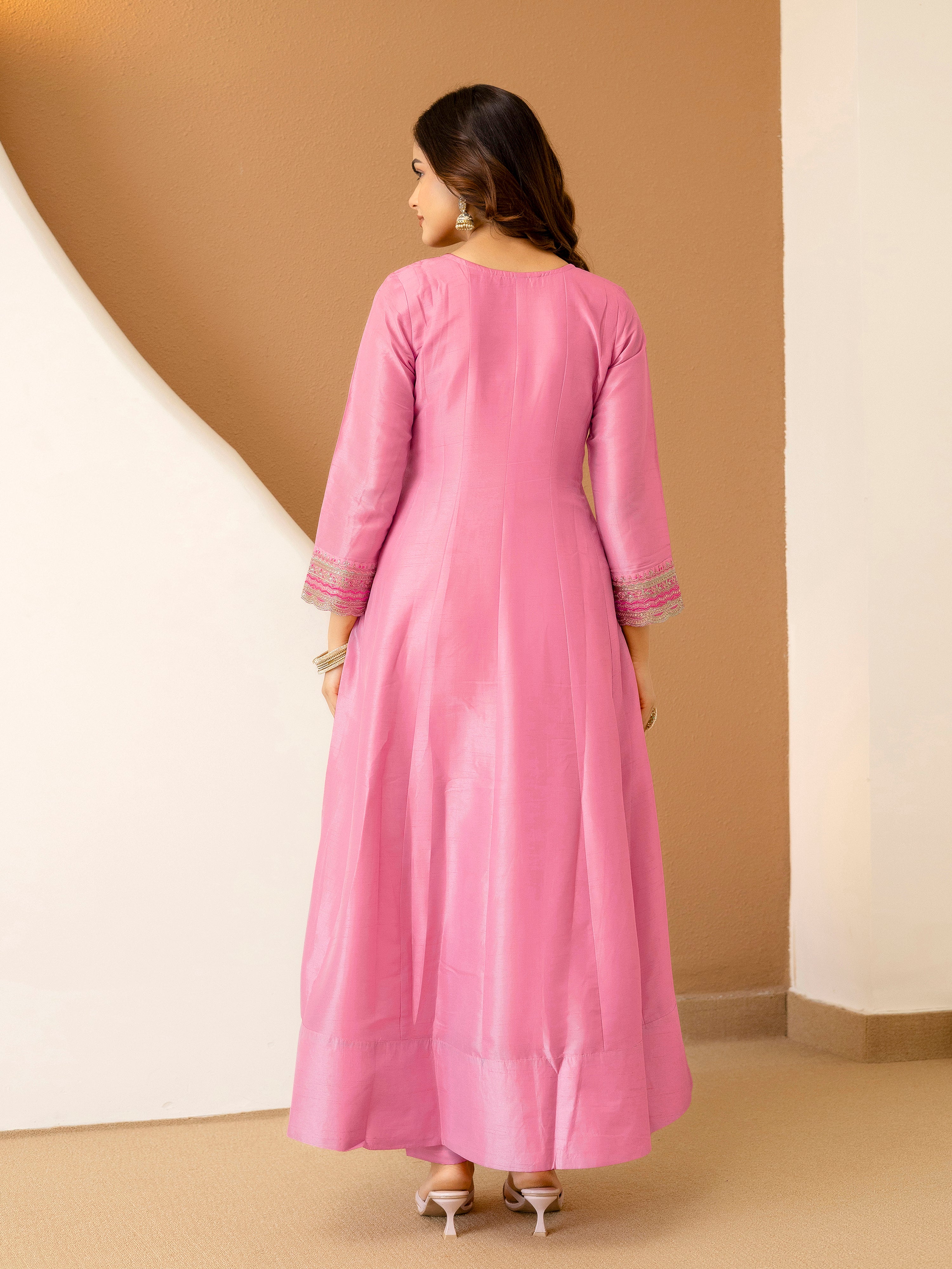 Pink Art Silk Embroidery Work Salwar suit with Dupatta For Women