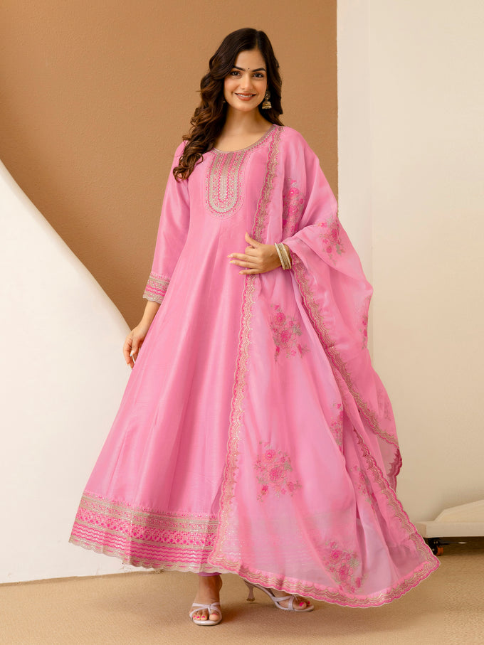 Pink Art Silk Embroidery Work Salwar suit with Dupatta For Women