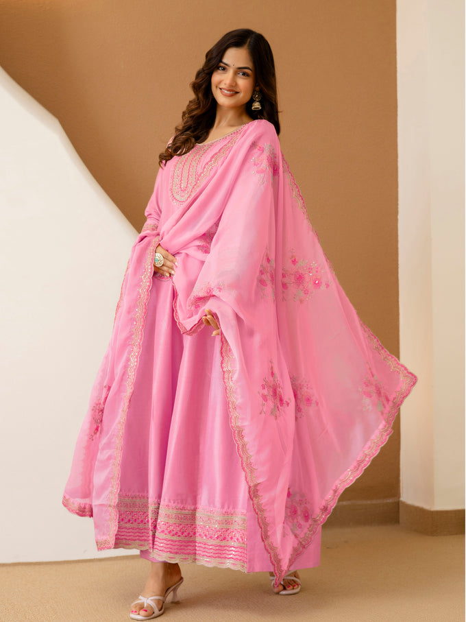 Pink Art Silk Embroidery Work Salwar suit with Dupatta For Women