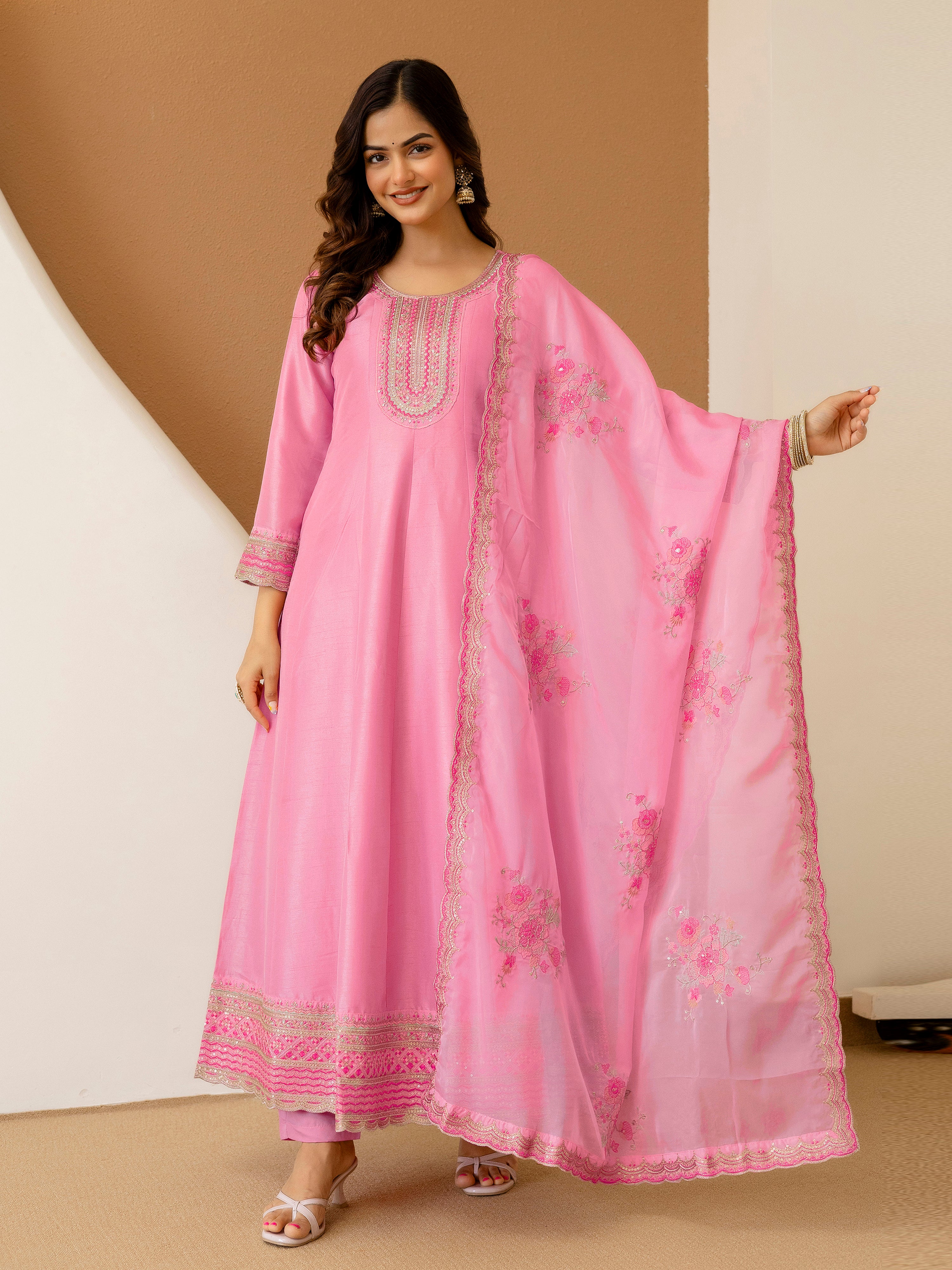 Pink Art Silk Embroidery Work Salwar suit with Dupatta For Women