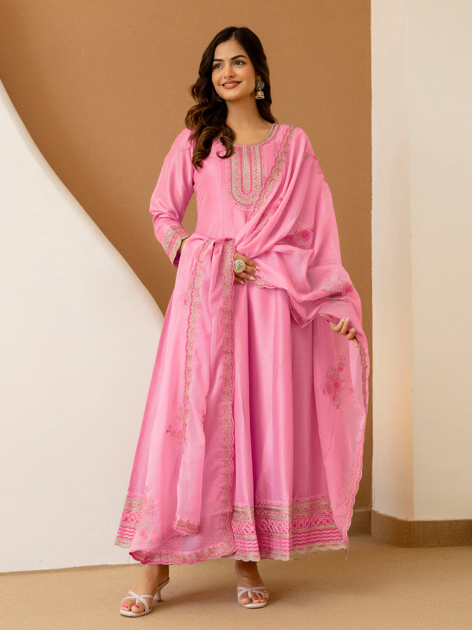 Pink Art Silk Embroidery Work Salwar suit with Dupatta For Women