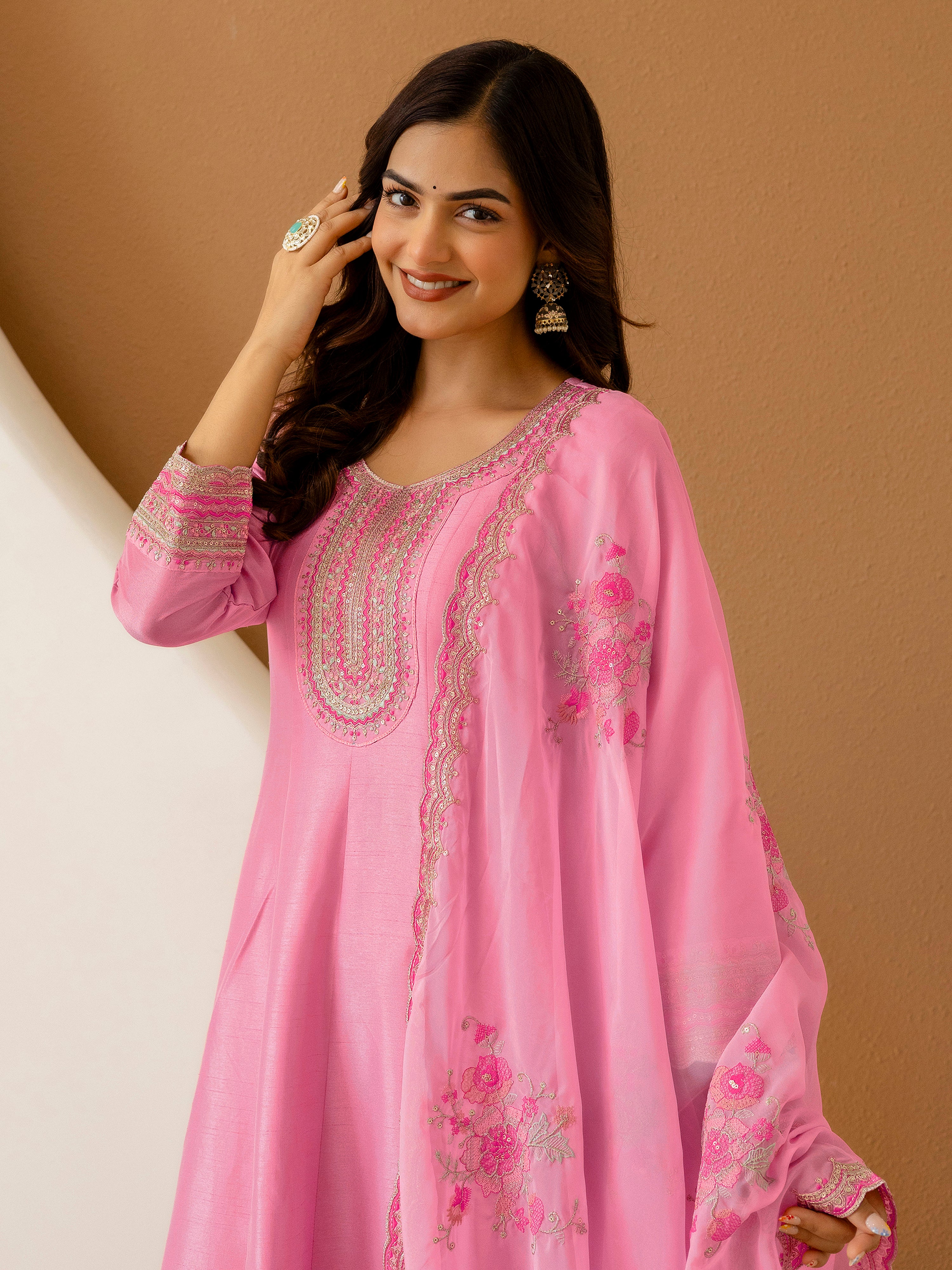 Pink Art Silk Embroidery Work Salwar suit with Dupatta For Women