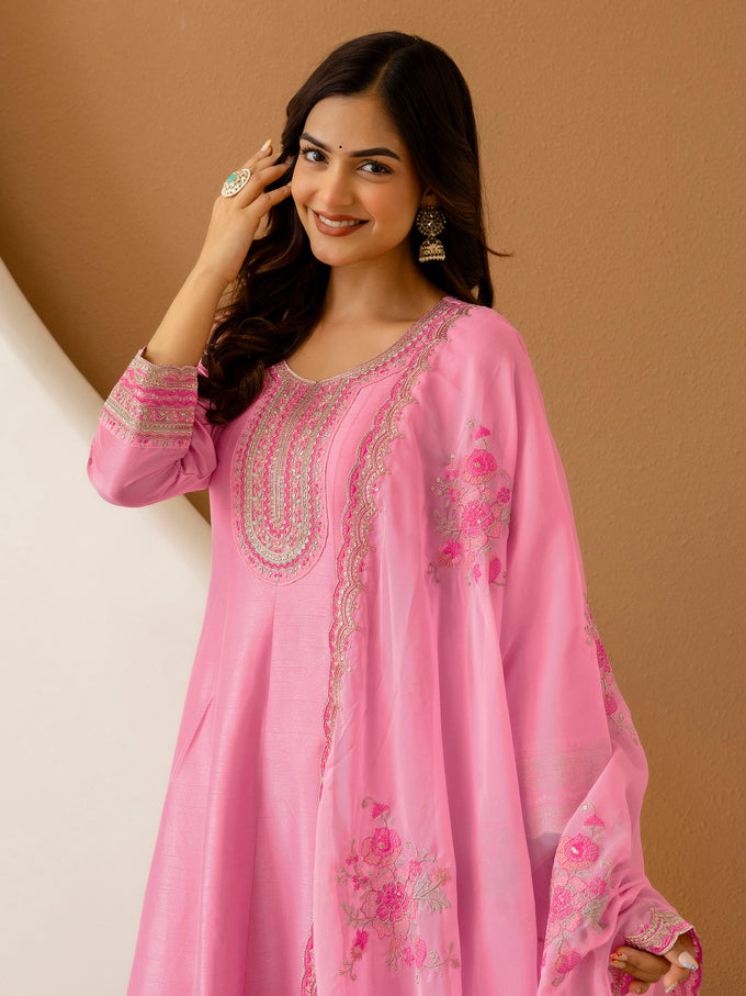 Pink Art Silk Embroidery Work Salwar suit with Dupatta For Women