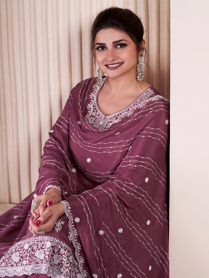 Darkpeach Art Silk Embroidery Sequence Work Kurta Palazzo Set with Dupatta For Women