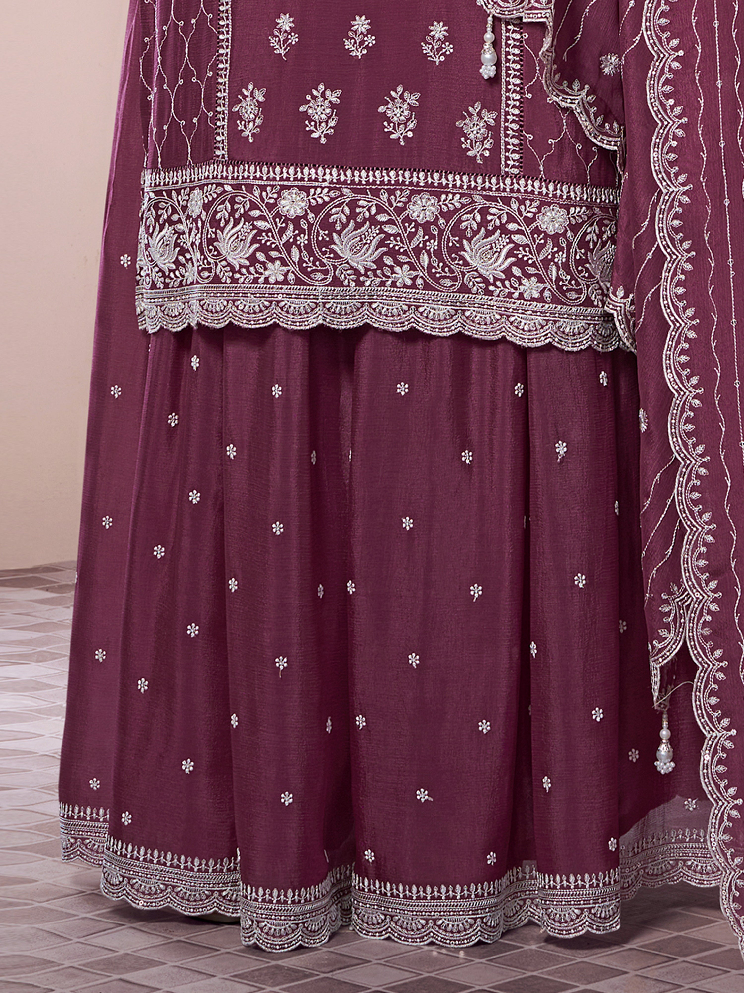 Darkpeach Art Silk Embroidery Sequence Work Kurta Palazzo Set with Dupatta For Women