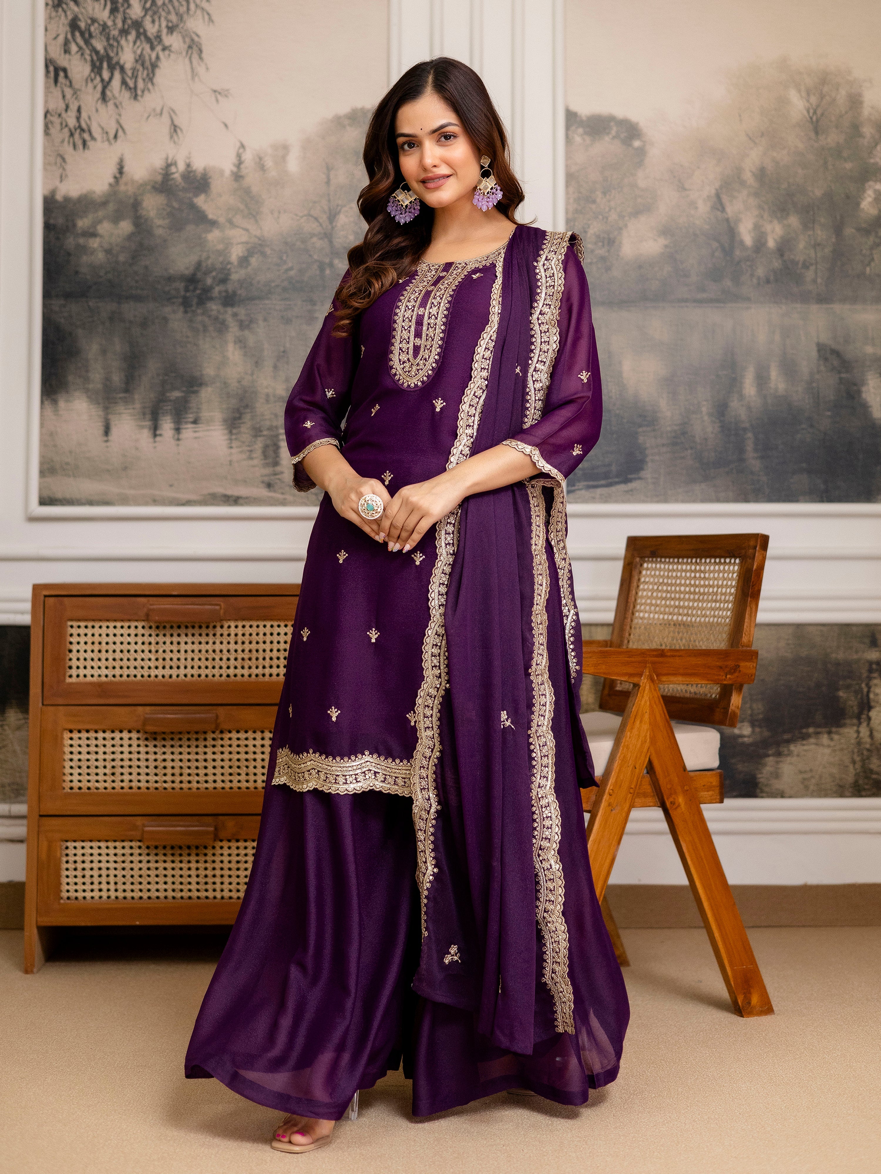 Purple Georgette Embroidery Work Salwar Suit with Dupatta Trendmalls