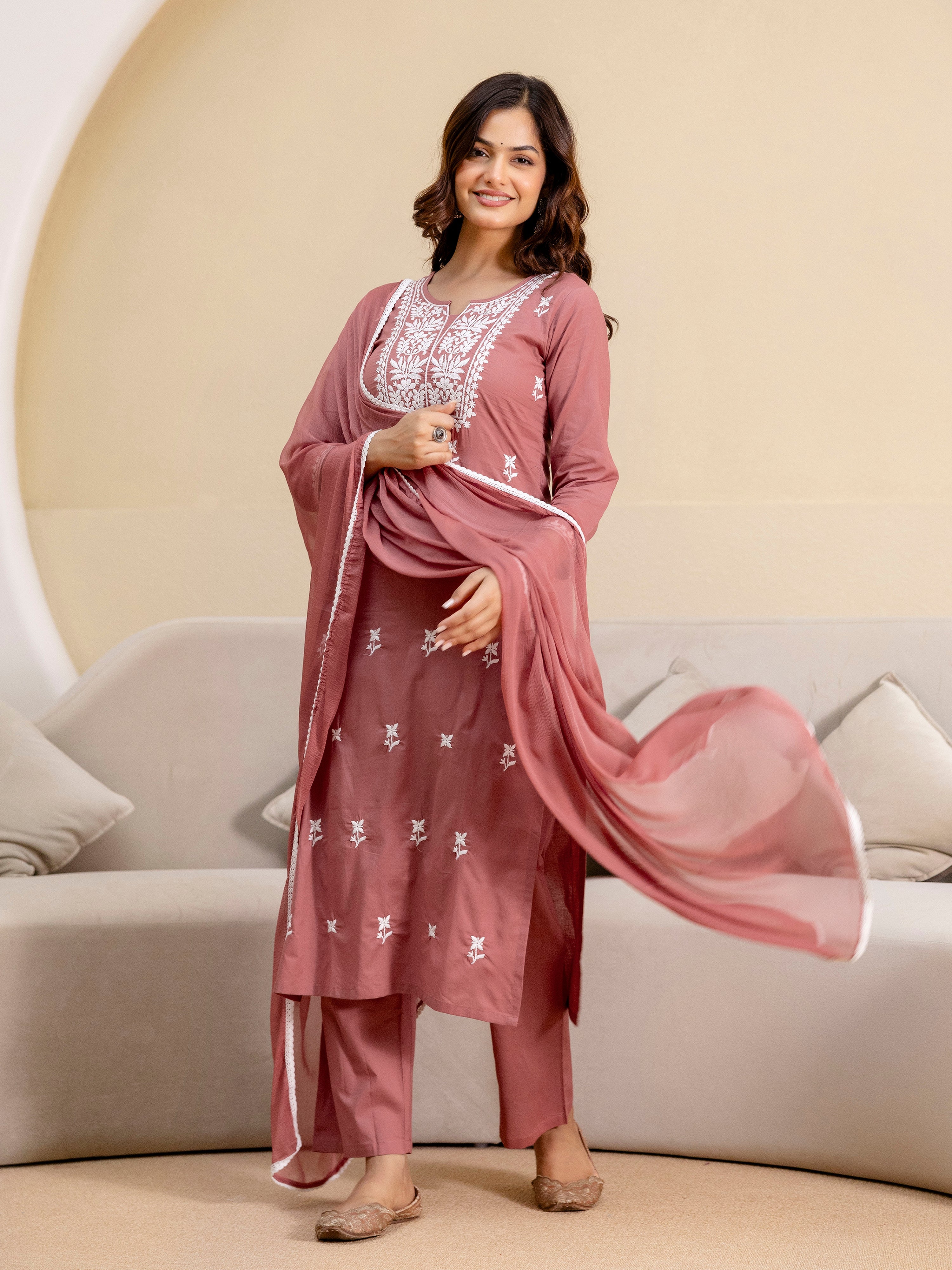 Darkpeach Cambric Cotton Embroidery Salwar Suit With Dupatta Set For Women's Trendmalls