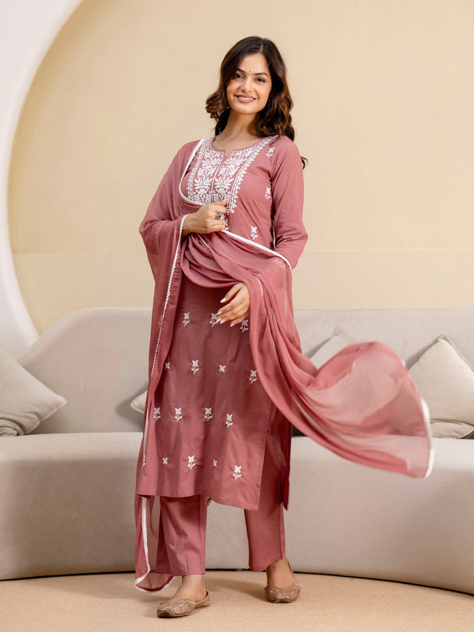 Darkpeach Cambric Cotton Embroidery Salwar Suit With Dupatta Set For Women's Trendmalls