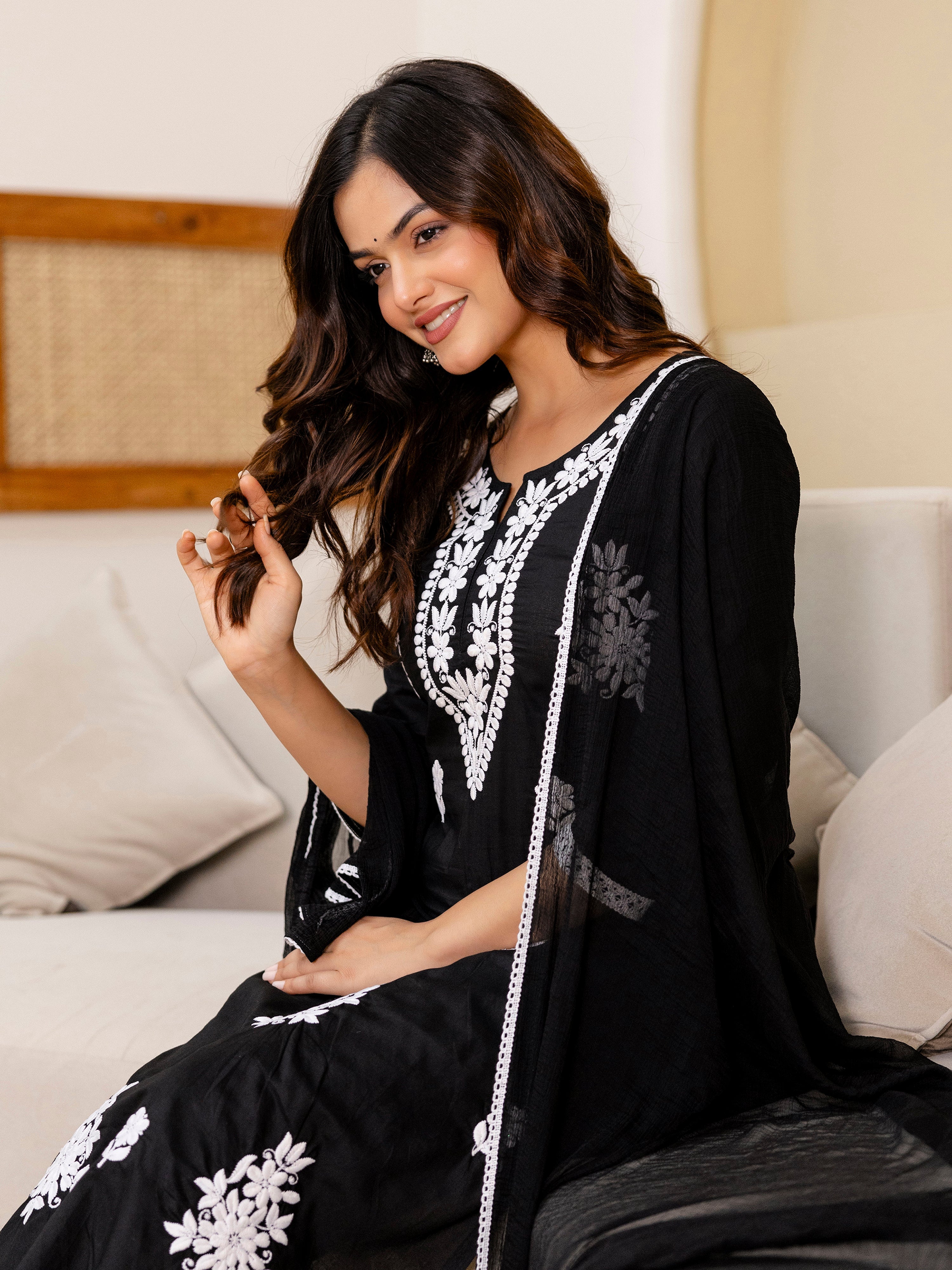 Black Cambric Cotton Embroidery Salwar Suit With Dupatta Set Trendmalls