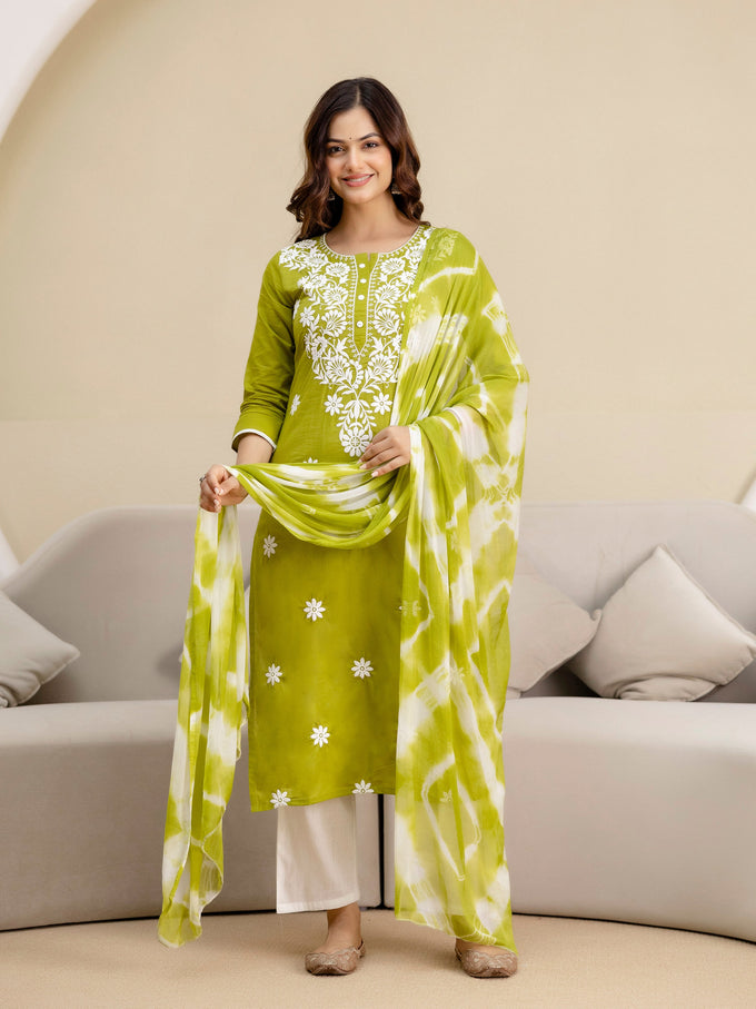 LightGreen Cotton Embroidery Salwar Suit with Dupatta Set For Women's Trendmallsin