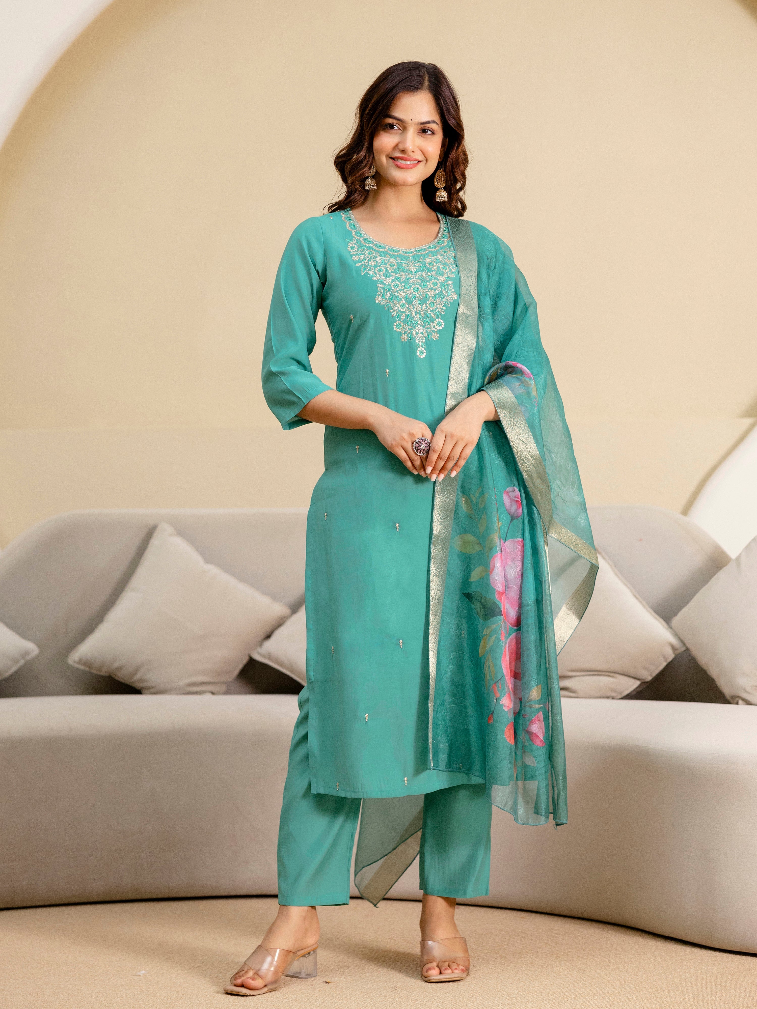 Women's Roman Silk Embroidery Salwar Suit with Floral Print Dupatta Set Trendmallsin
