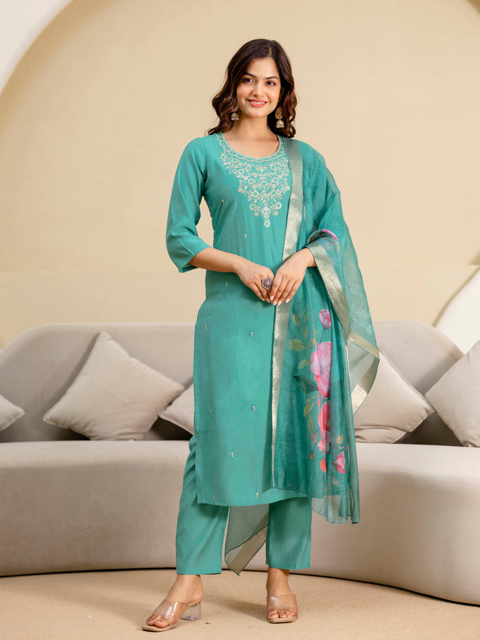 Women's Roman Silk Embroidery Salwar Suit with Floral Print Dupatta Set Trendmallsin
