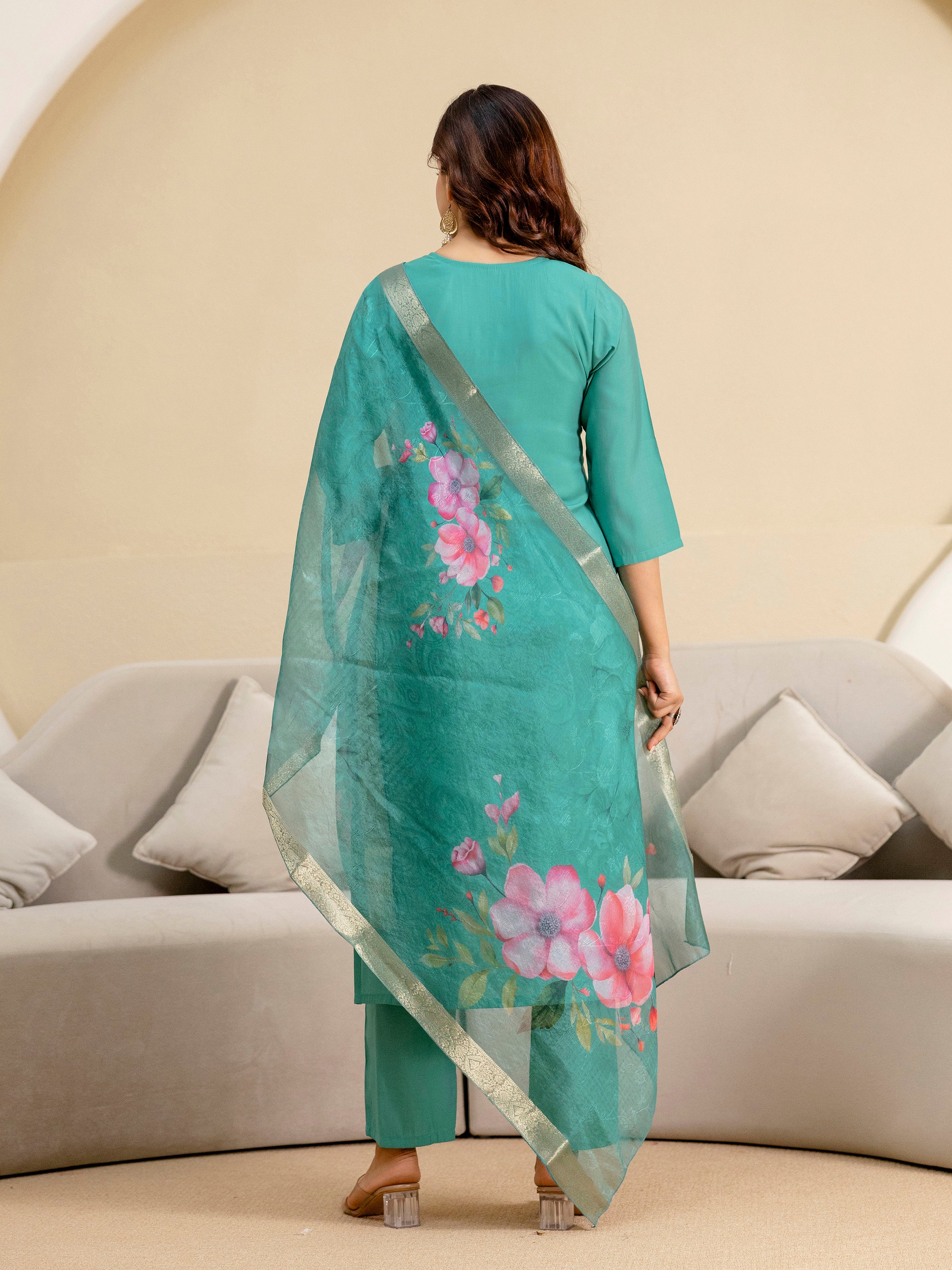 Women's Roman Silk Embroidery Salwar Suit with Floral Print Dupatta Set Trendmallsin