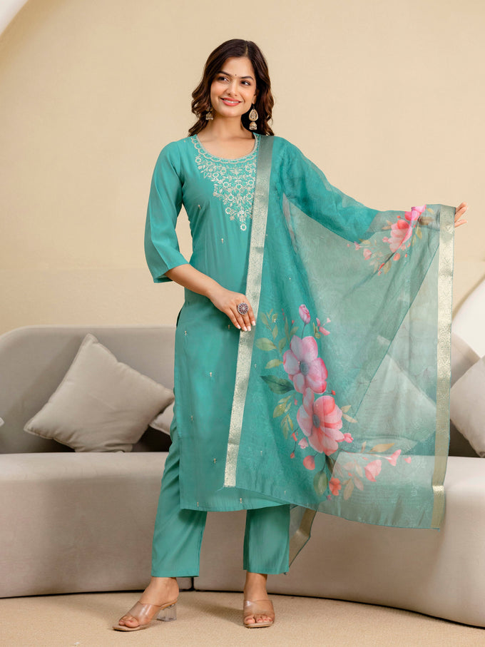 Women's Roman Silk Embroidery Salwar Suit with Floral Print Dupatta Set Trendmallsin