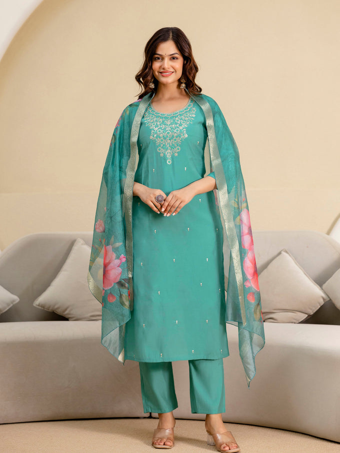 Women's Roman Silk Embroidery Salwar Suit with Floral Print Dupatta Set Trendmallsin