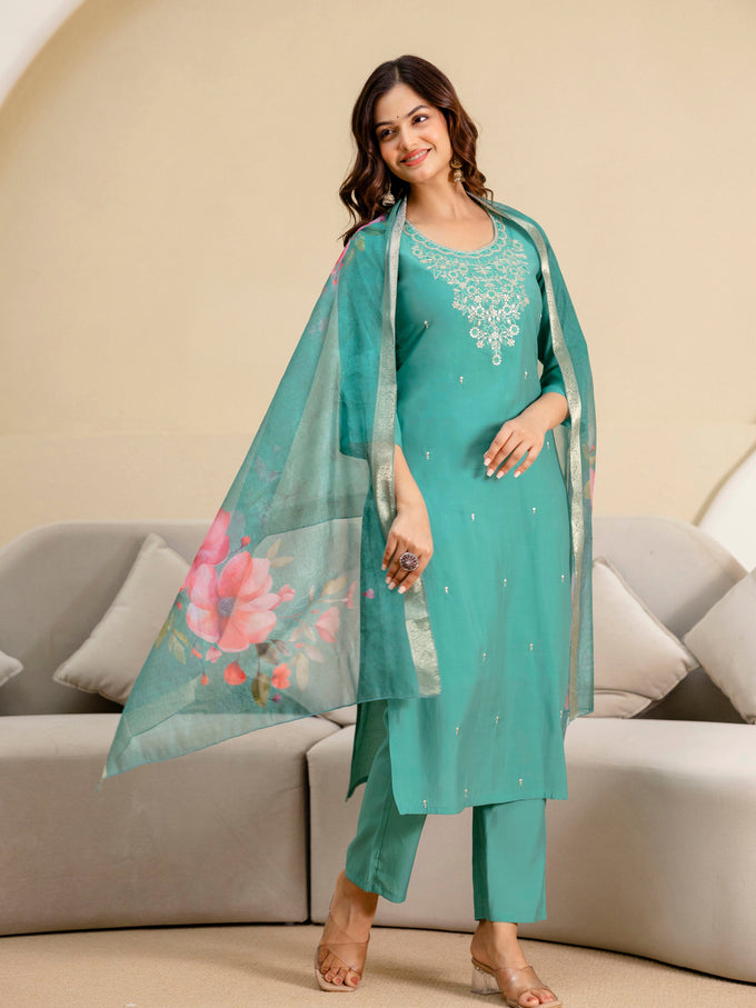 Women's Roman Silk Embroidery Salwar Suit with Floral Print Dupatta Set Trendmallsin
